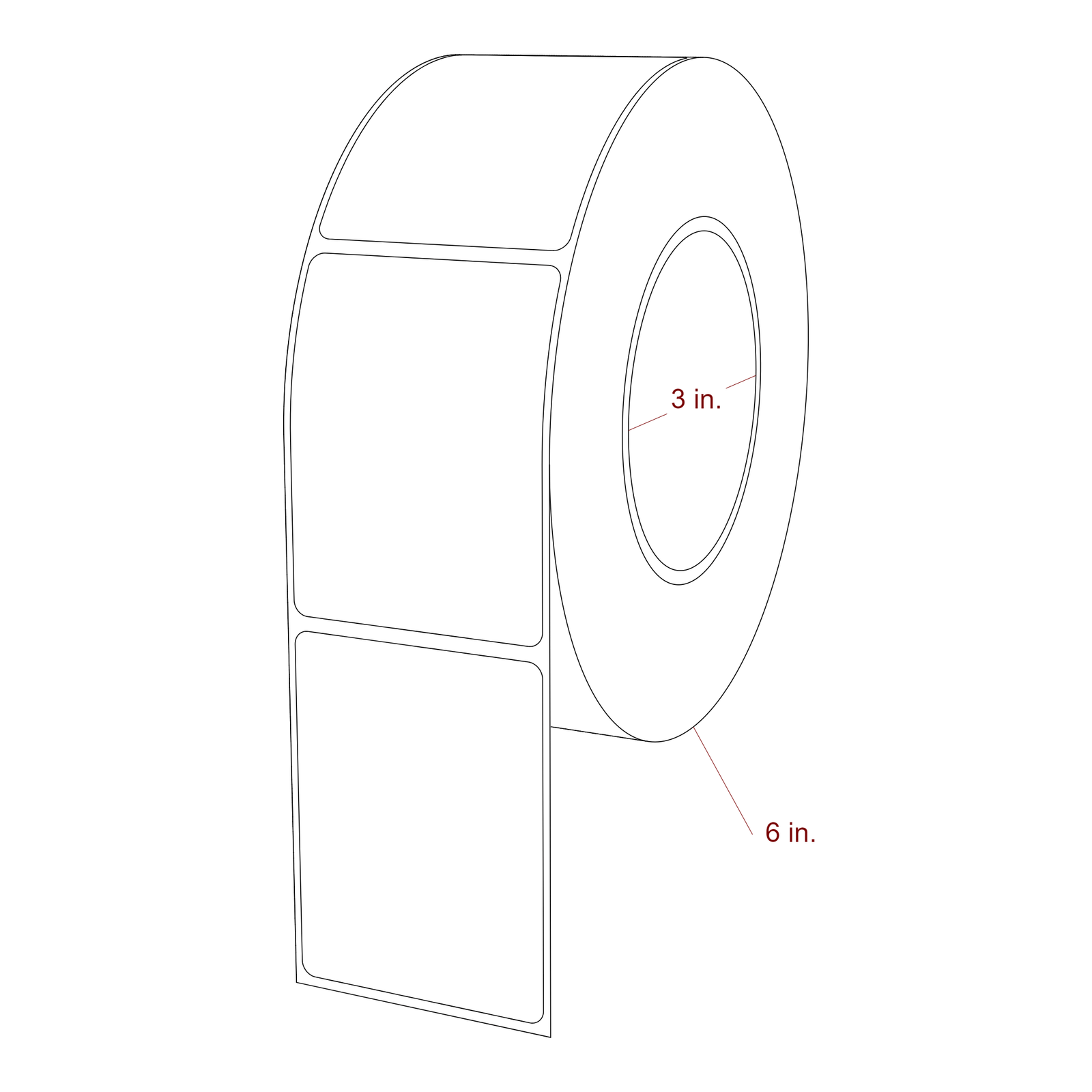 2.25 Inch x 3 Inch Rectangle Inkjet Label Roll - 3 Inch Core - 6 Inch Roll OD - 3D Perspective