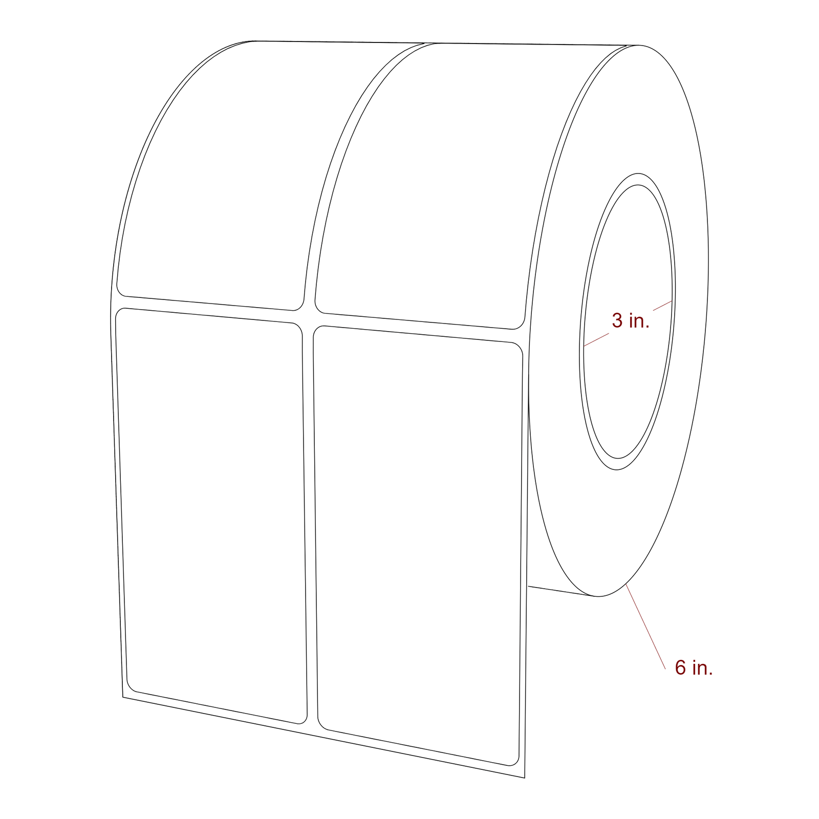 2.25 Inch x 4.25 Inch Rectangle Inkjet Label Roll - 3 Inch Core - 6 Inch Roll OD - 2Up - 3D Perspective