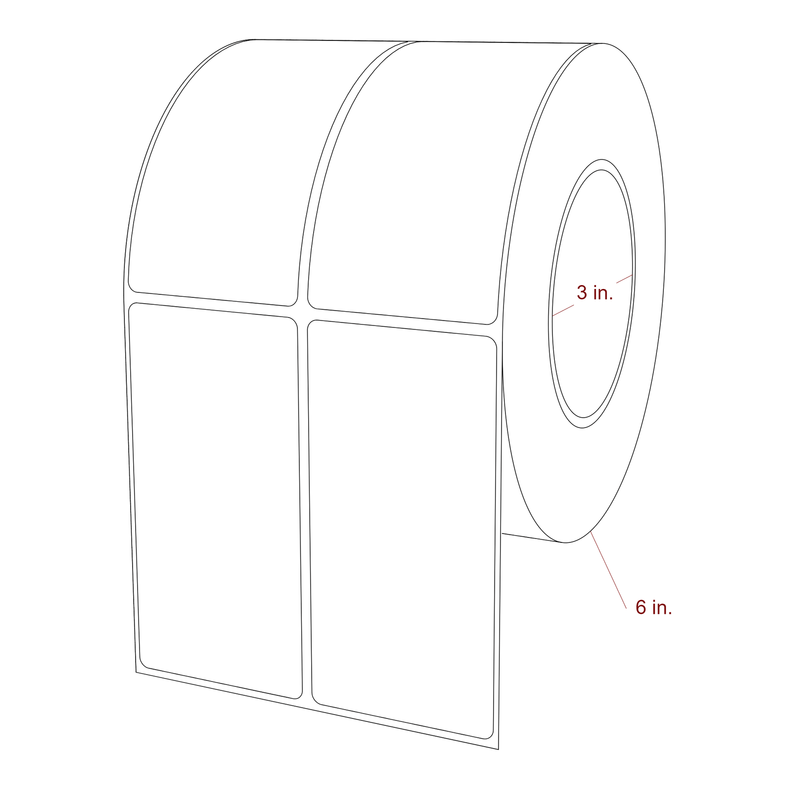 2.25 Inch x 4.5 Inch Rectangle Inkjet Label Roll - 3 Inch Core - 6 Inch Roll OD - 2Up - 3D Perspective