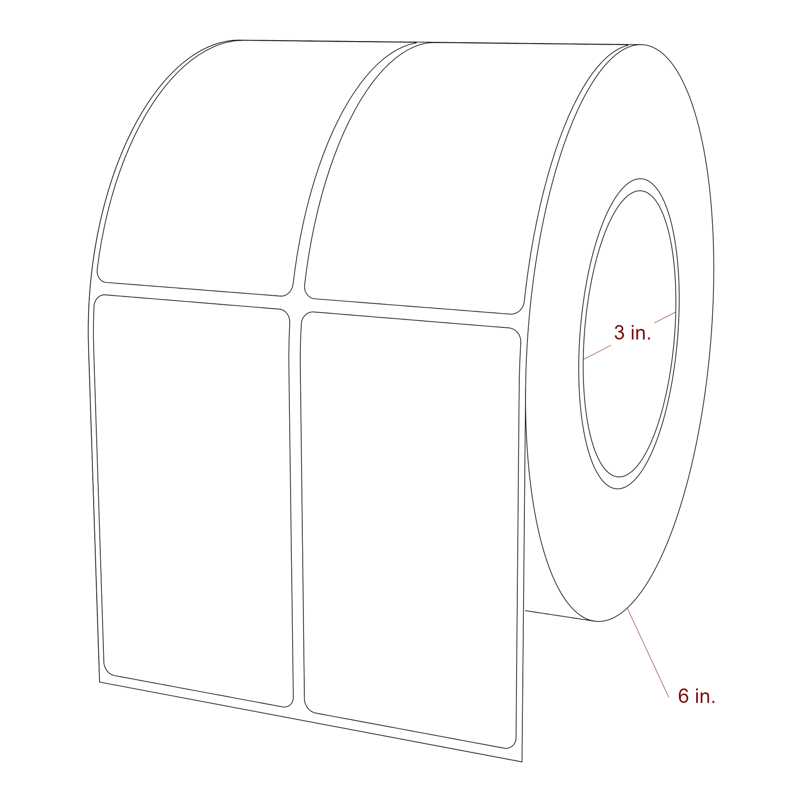 2.25 Inch x 4 Inch Rectangle Inkjet Label Roll - 3 Inch Core - 6 Inch Roll OD - 2Up - 3D Perspective