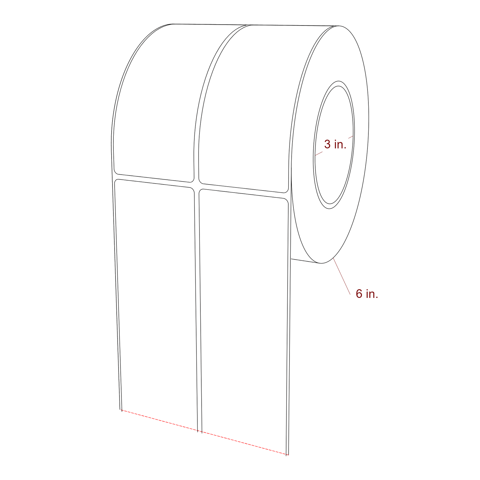 2.25 Inch x 5.25 Inch Rectangle Inkjet Label Roll - 3 Inch Core - 6 Inch Roll OD - 2Up - 3D Perspective
