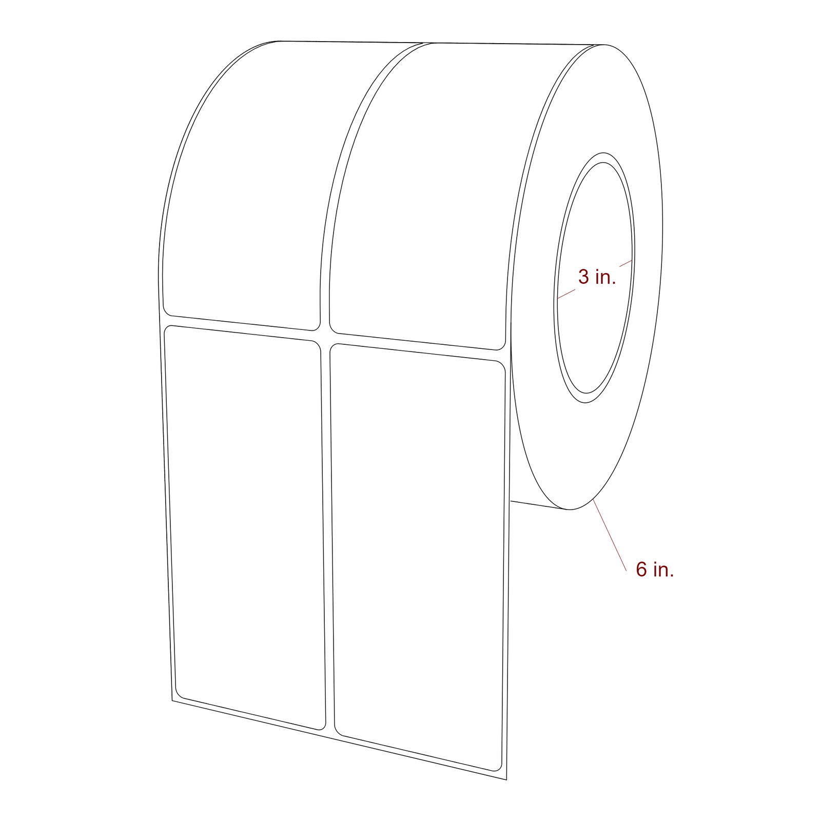 2.25 Inch x 5 Inch Rectangle Inkjet Label Roll - 3 Inch Core - 6 Inch Roll OD - 2Up - 3D Perspective