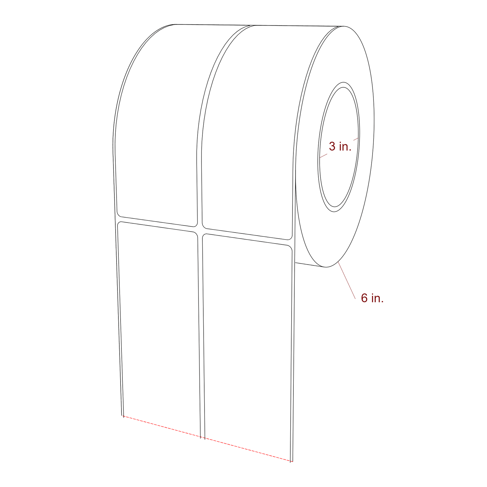 2.25 Inch x 6.25 Inch Rectangle Inkjet Label Roll - 3 Inch Core - 6 Inch Roll OD - 2Up - 3D Perspective