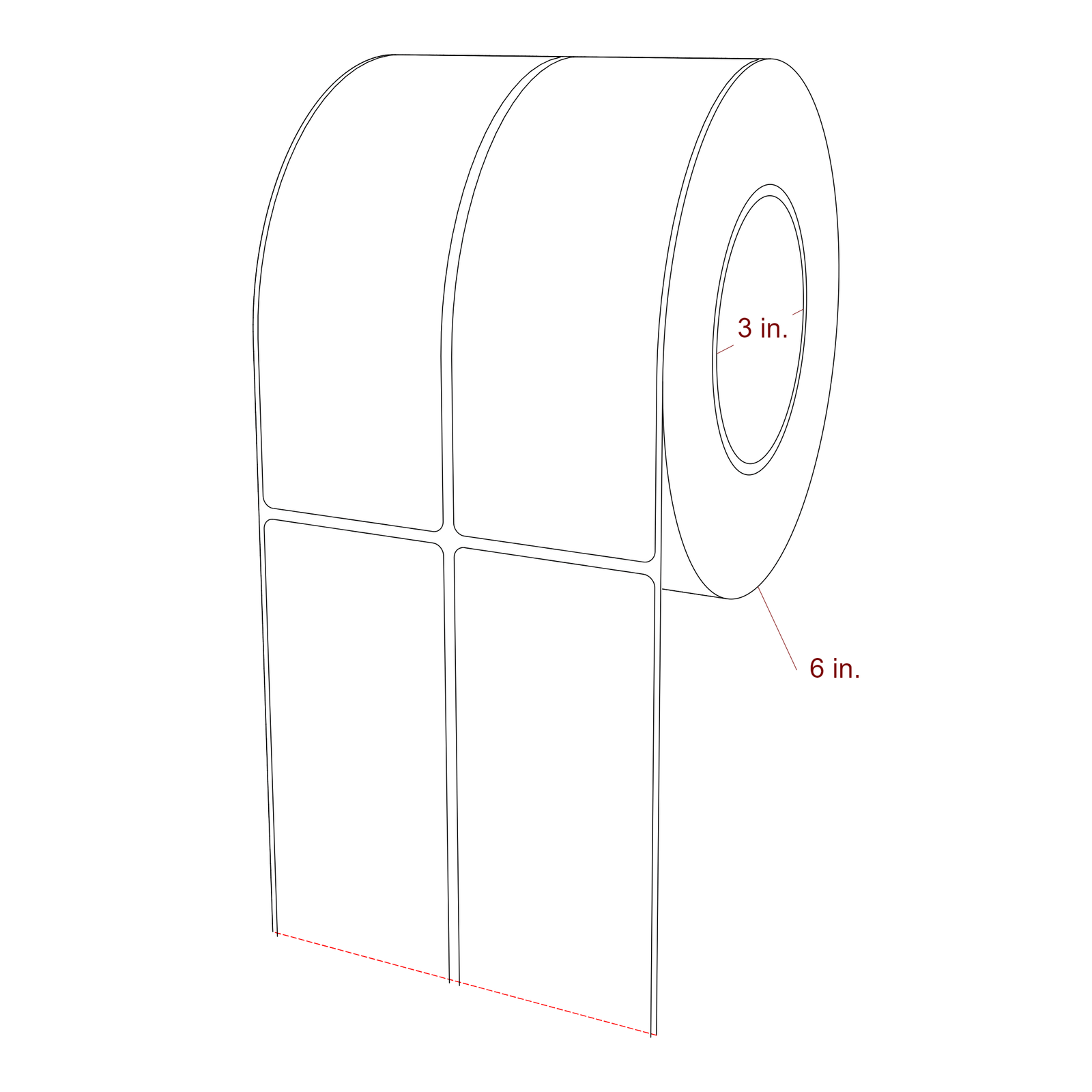 2.25 Inch x 6.5 Inch Rectangle Inkjet Label Roll - 3 Inch Core - 6 Inch Roll OD - 2Up - 3D Perspective