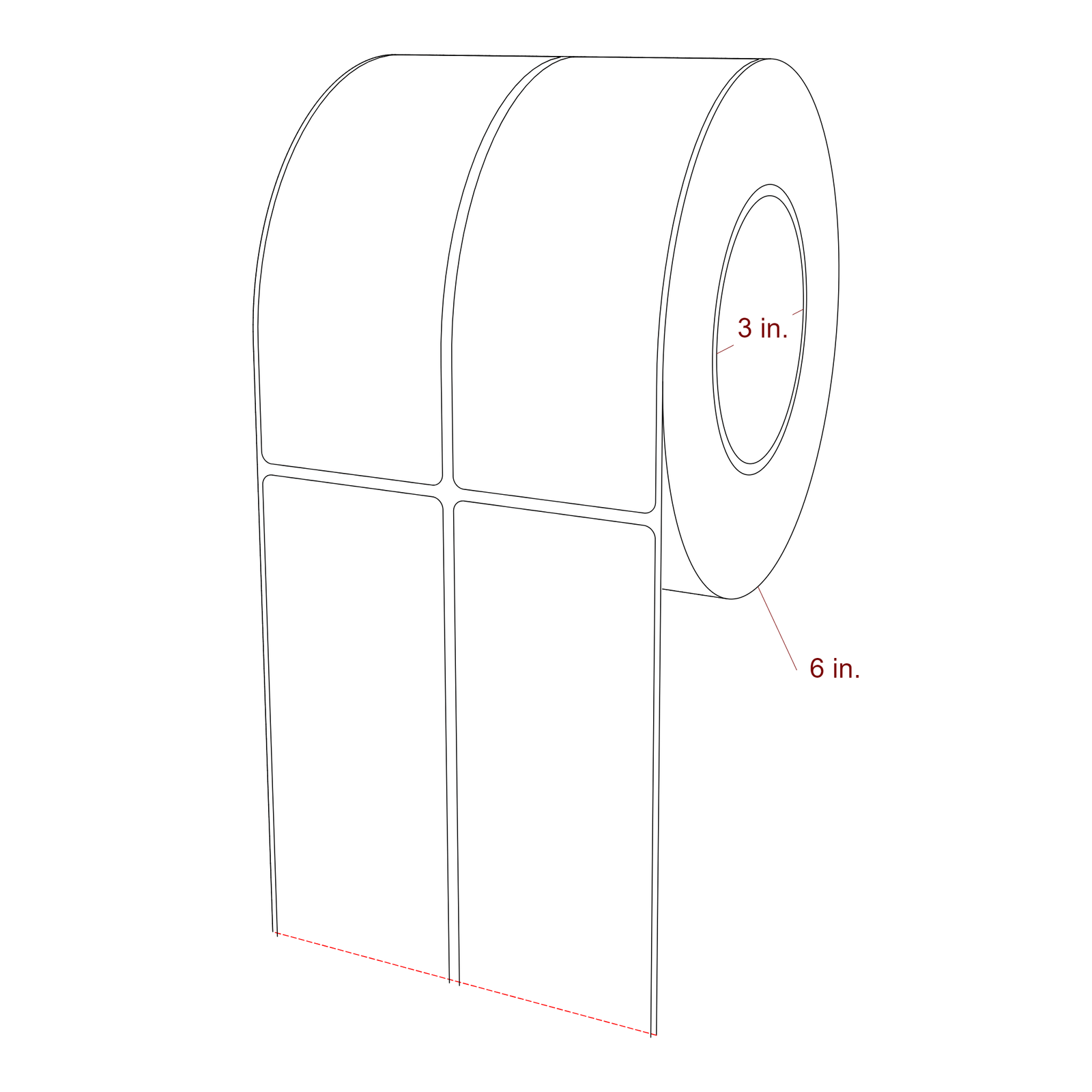 2.25 Inch x 6 Inch Rectangle Inkjet Label Roll - 3 Inch Core - 6 Inch Roll OD - 2Up - 3D Perspective