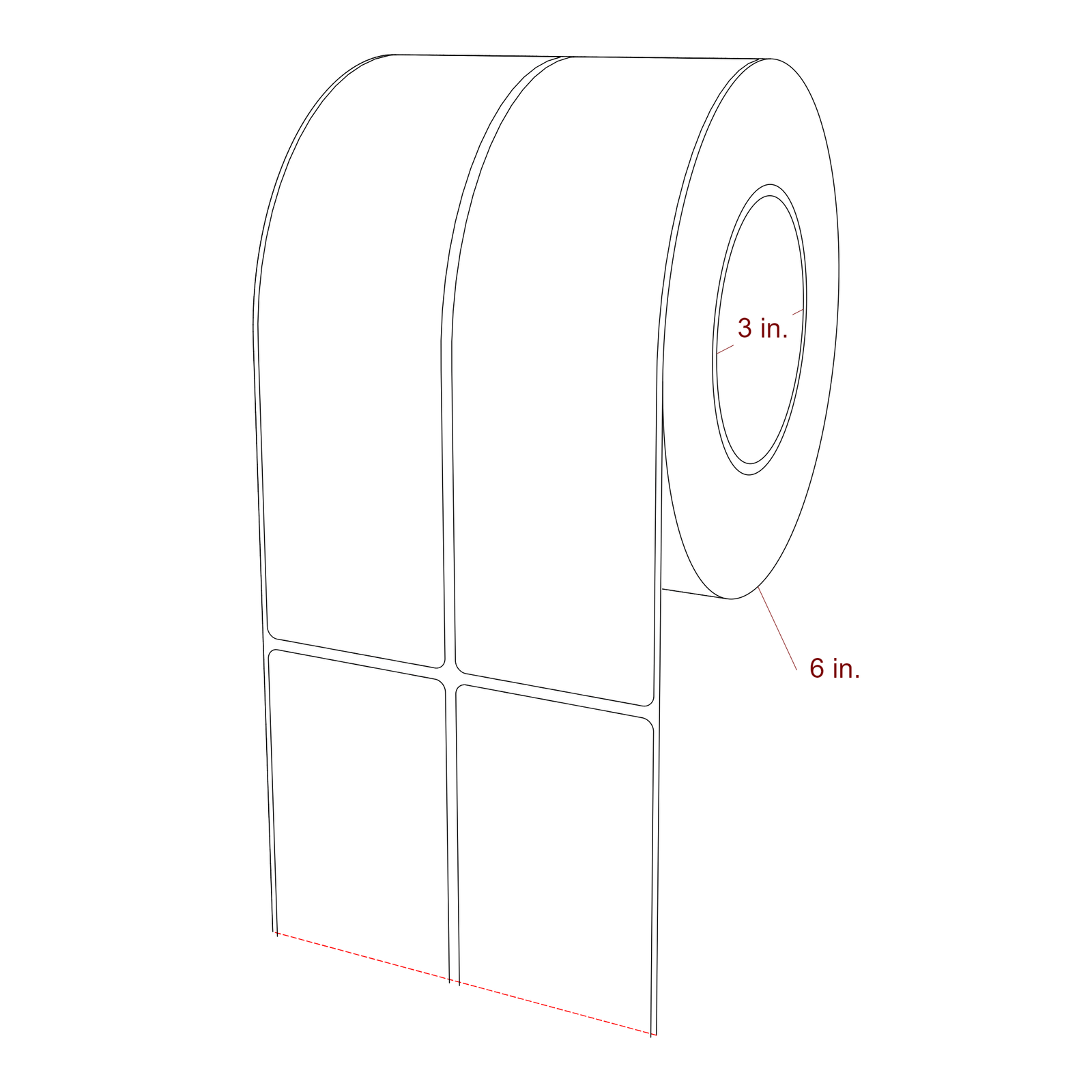 2.25 Inch x 8 Inch Rectangle Inkjet Label Roll - 3 Inch Core - 6 Inch Roll OD - 2Up - 3D Perspective