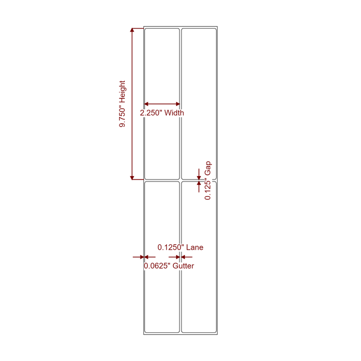 2.25 Inch x 9.75 Inch Rectangle Inkjet Label Roll - 2Up - 2D Drawing