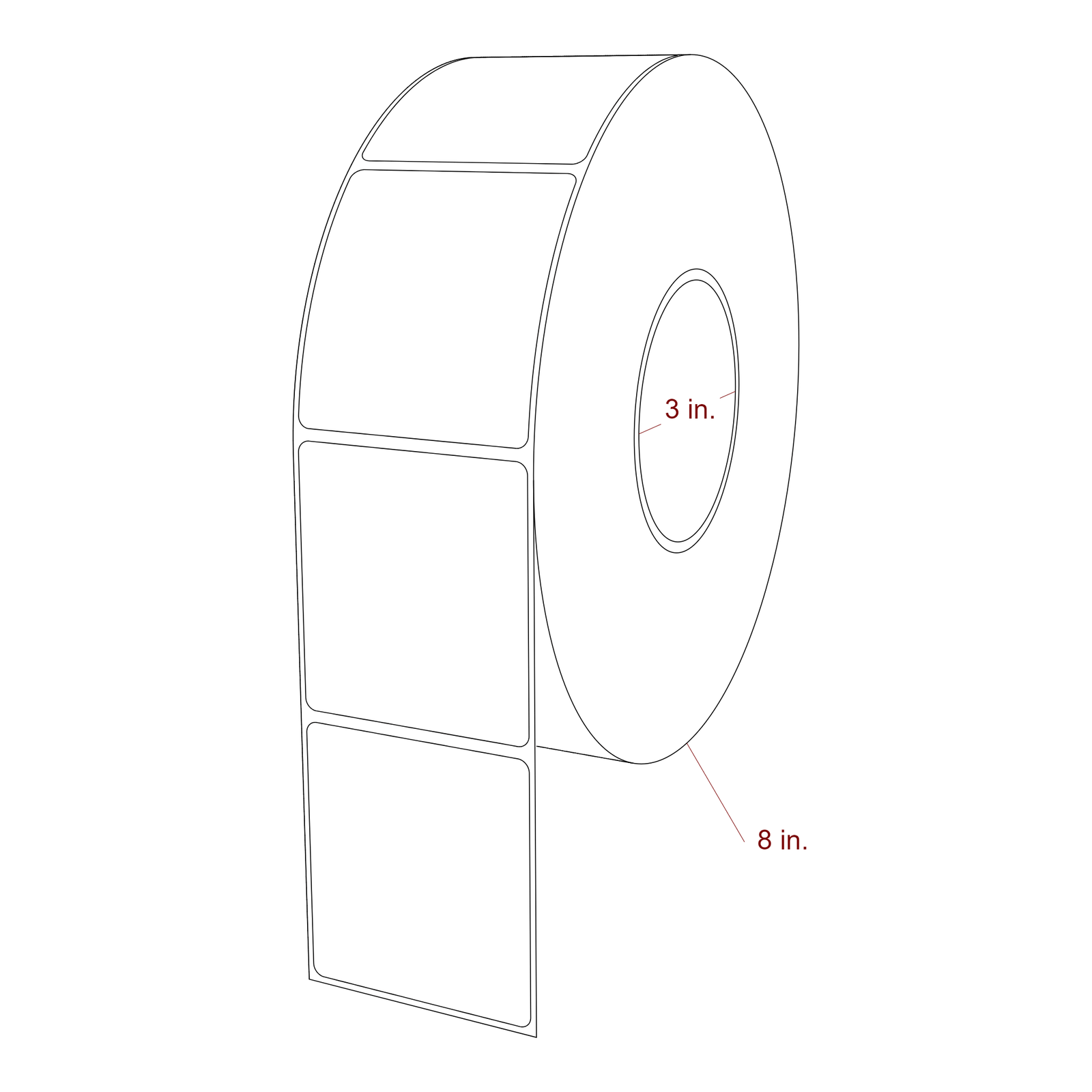 2.563 Inch x 2.813 Inch Rectangle Inkjet Label Roll - 3 Inch Core - 8 Inch Roll OD - 3D Perspective