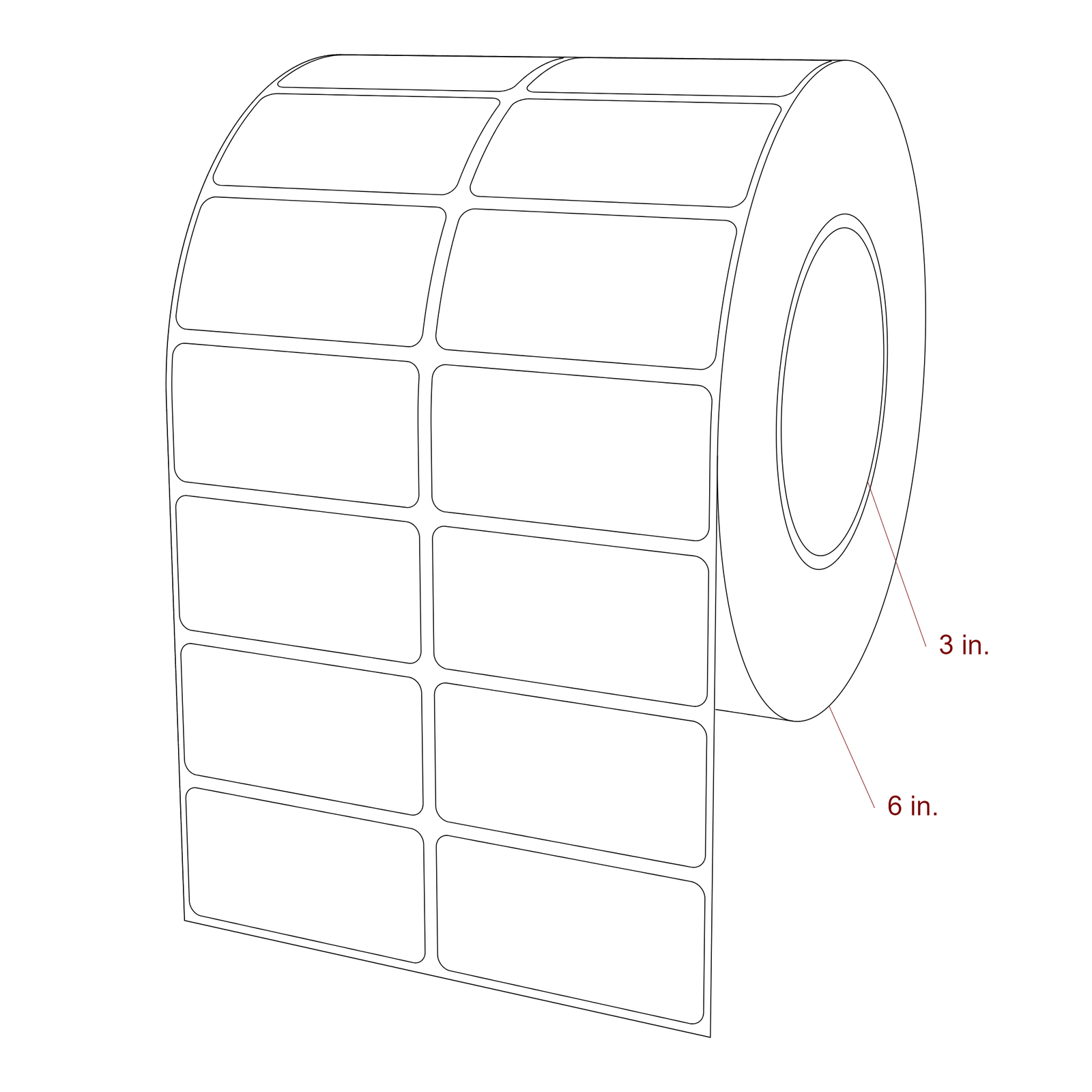 2.5 Inch x 1.25 Inch Rectangle Inkjet Label Roll - 3 Inch Core - 6 Inch Roll OD - 2Up - 3D Perspective