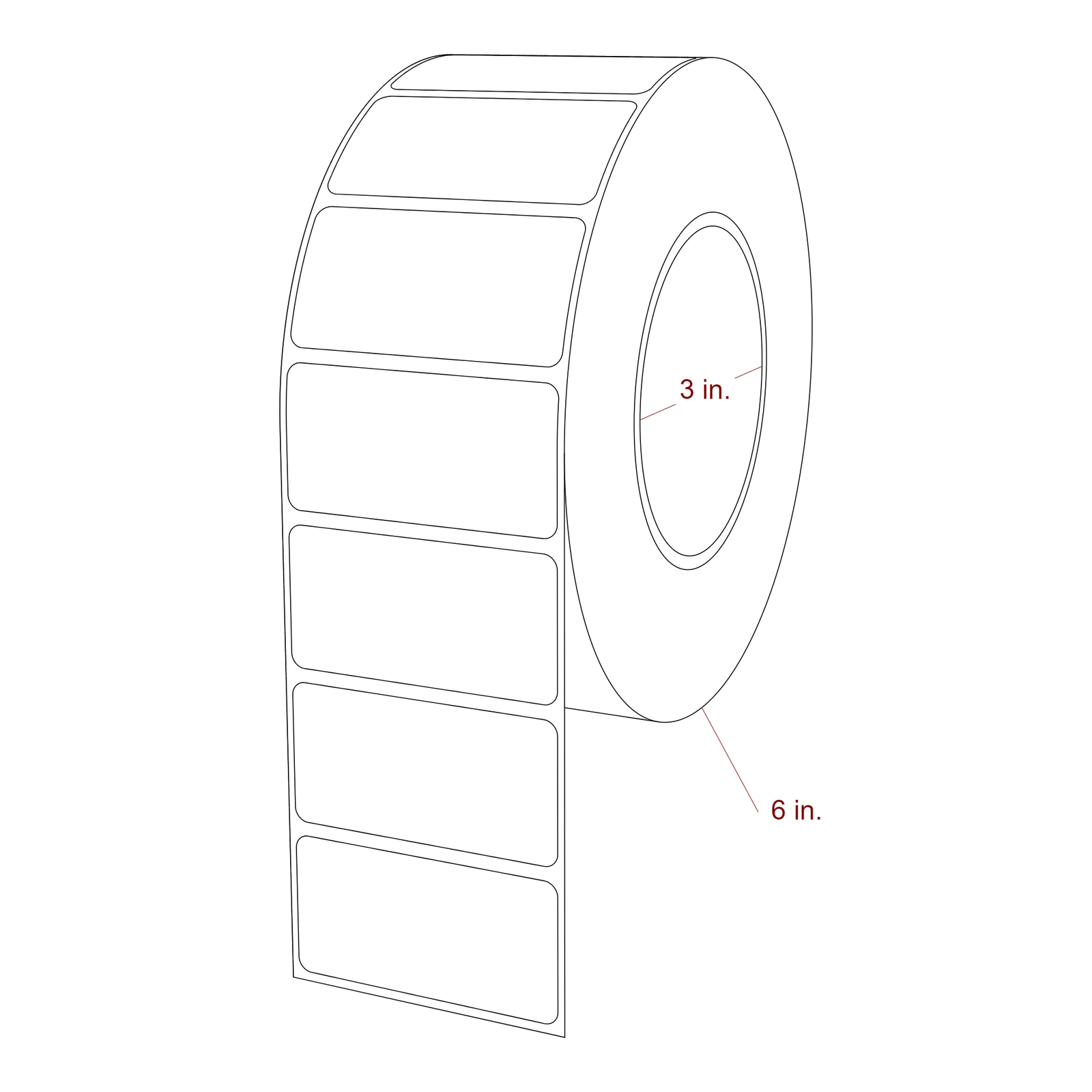 2.5 Inch x 1.25 Inch Rectangle Inkjet Label Roll - 3 Inch Core - 6 Inch Roll OD - 3D Perspective
