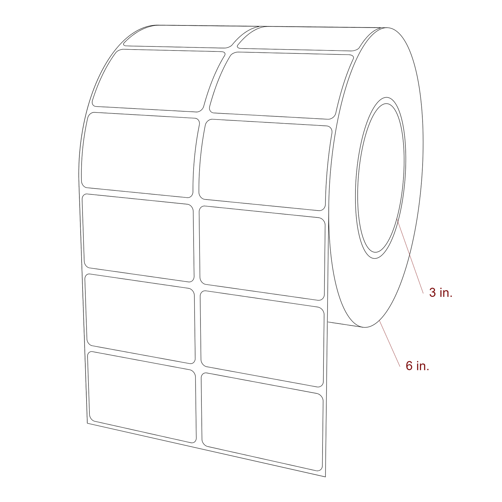 2.5 Inch x 1.5 Inch Rectangle Inkjet Label Roll - 3 Inch Core - 6 Inch Roll OD - 2Up - 3D Perspective