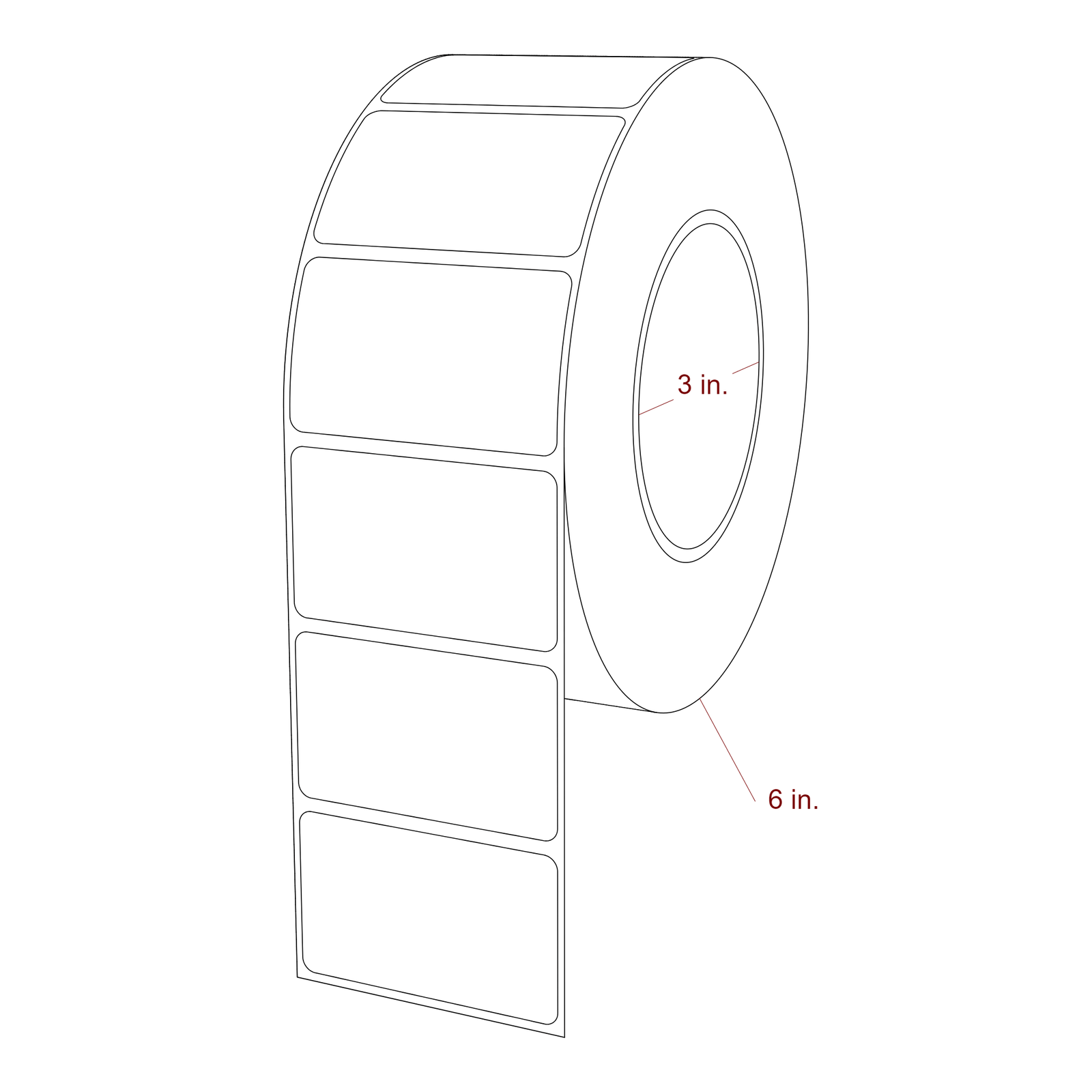 2.5 Inch x 1.5 Inch Rectangle Inkjet Label Roll - 3 Inch Core - 6 Inch Roll OD - 3D Perspective