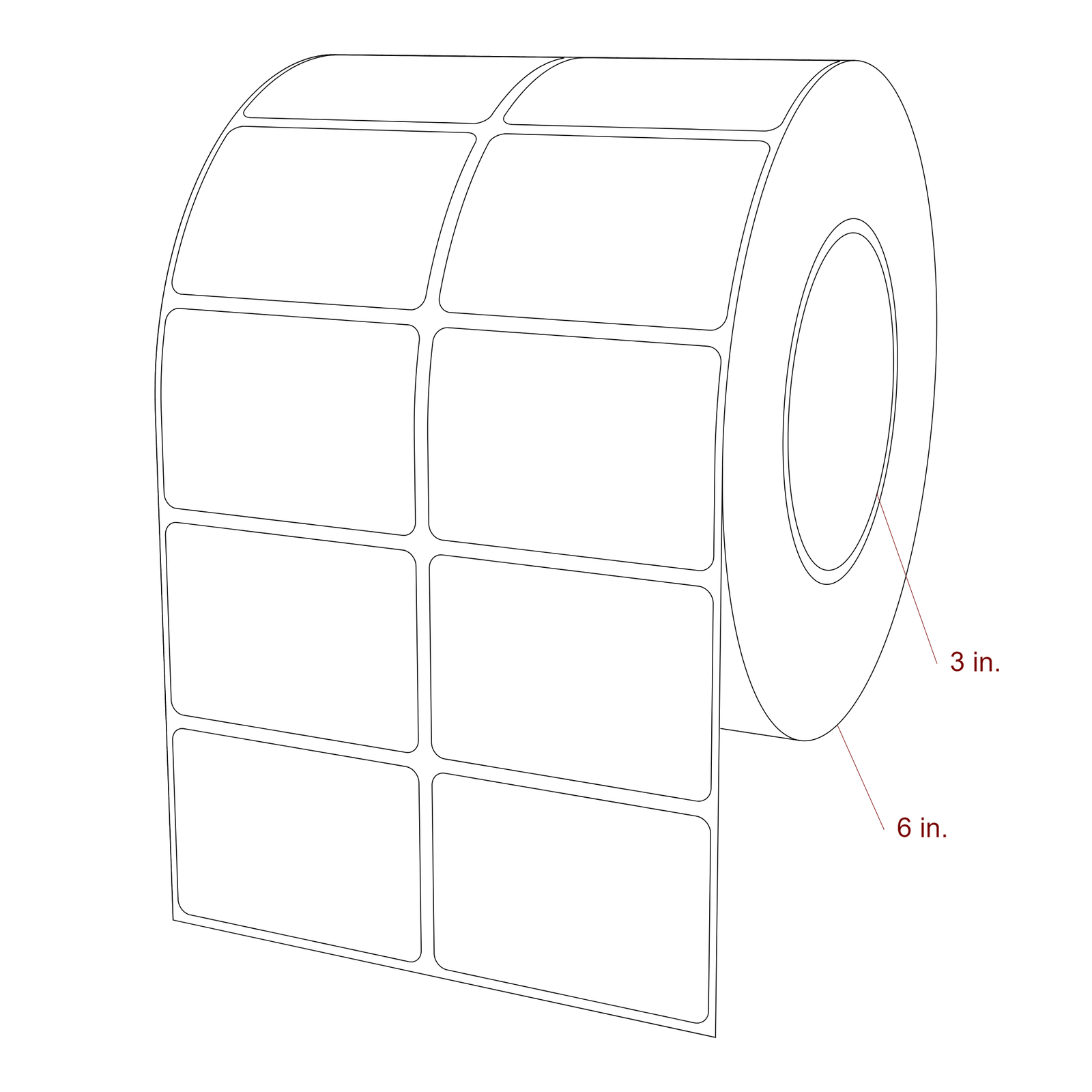 2.5 Inch x 1.75 Inch Rectangle Inkjet Label Roll - 3 Inch Core - 6 Inch Roll OD - 2Up - 3D Perspective