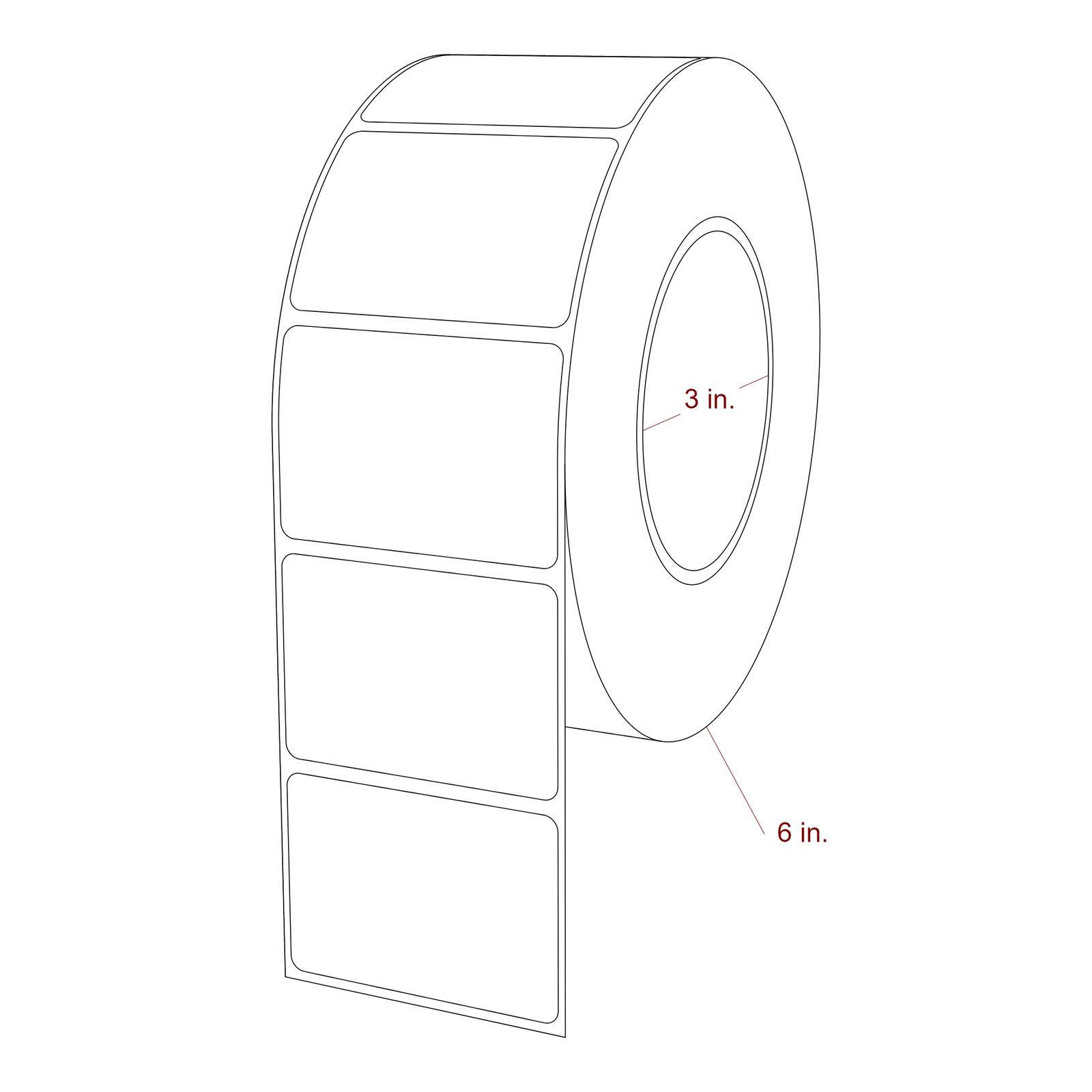 2.5 Inch x 1.75 Inch Rectangle Inkjet Label Roll - 3 Inch Core - 6 Inch Roll OD - 3D Perspective
