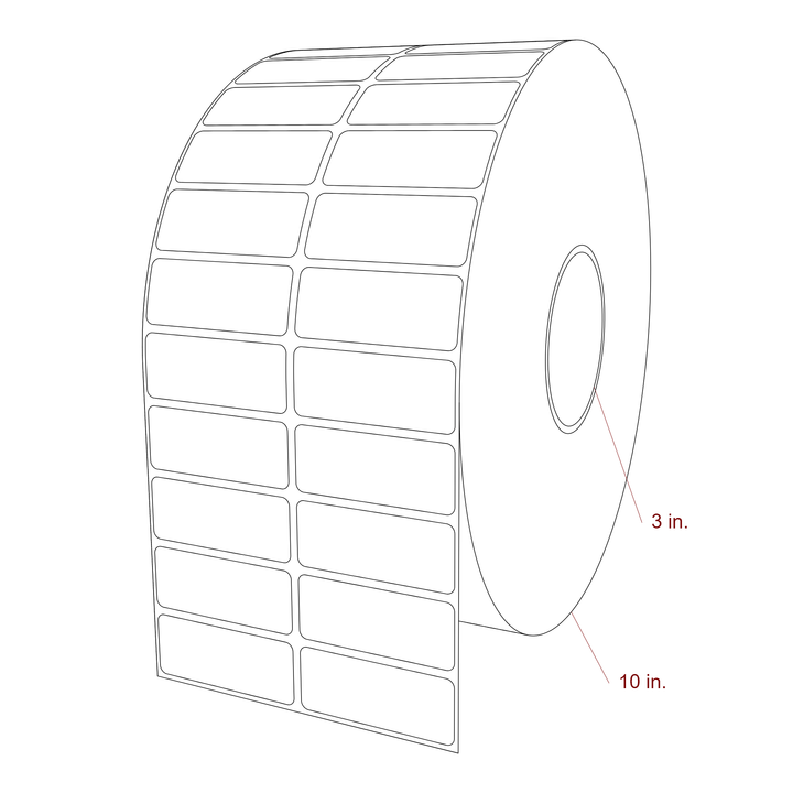 2.5 Inch x 1 Inch Rectangle Inkjet Label Roll - 3 Inch Core - 10 Inch Roll OD - 2Up - 3D Perspective