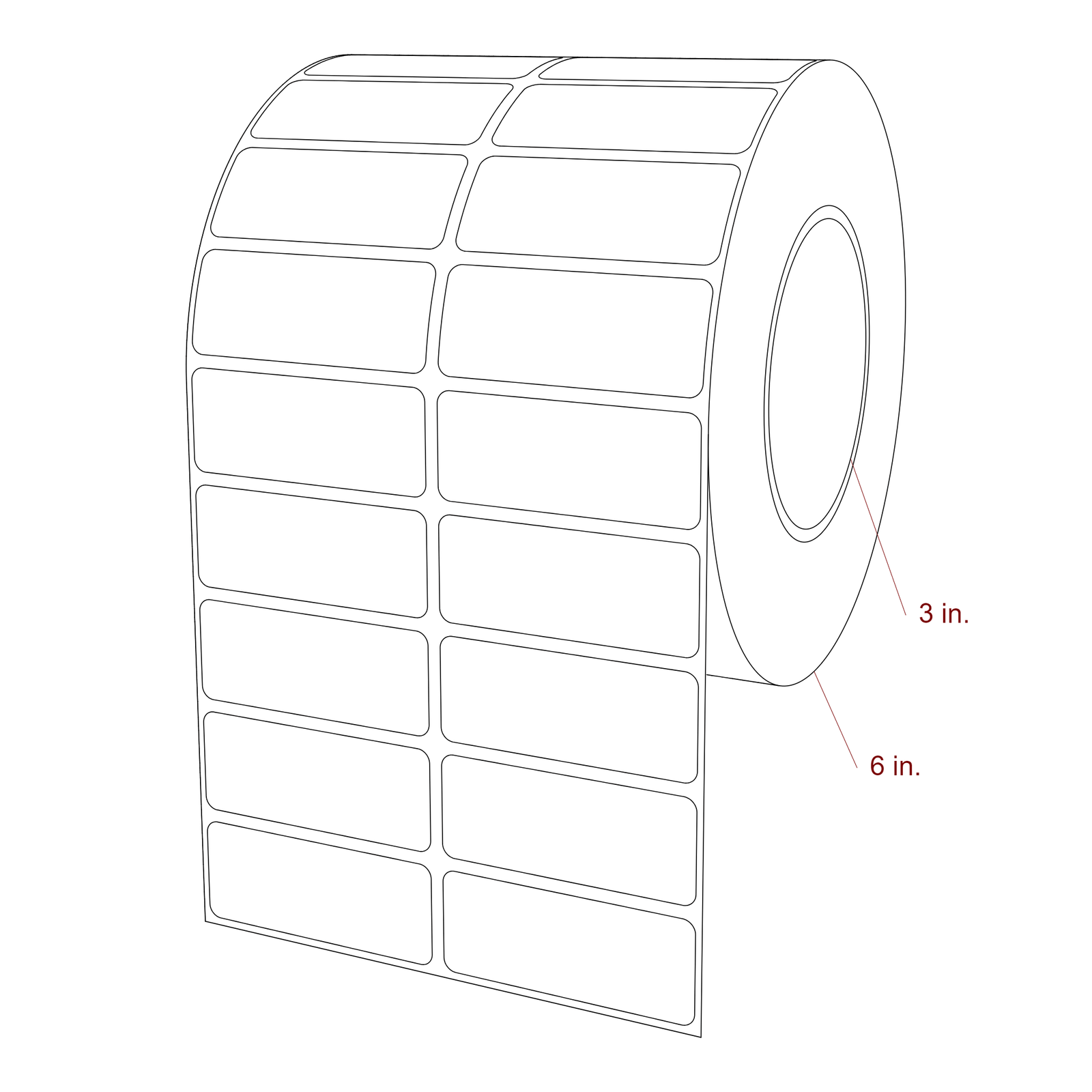 2.5 Inch x 1 Inch Rectangle Inkjet Label Roll - 3 Inch Core - 6 Inch Roll OD - 2Up - 3D Perspective