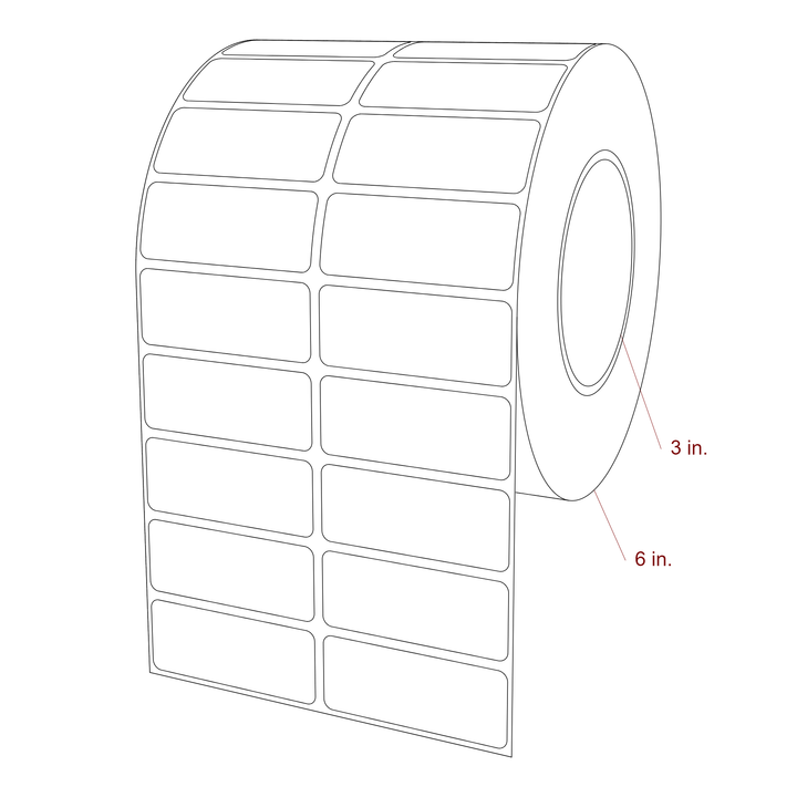 2.5 Inch x 1 Inch Rectangle Inkjet Label Roll - 3 Inch Core - 6 Inch Roll OD - 2Up - 3D Perspective