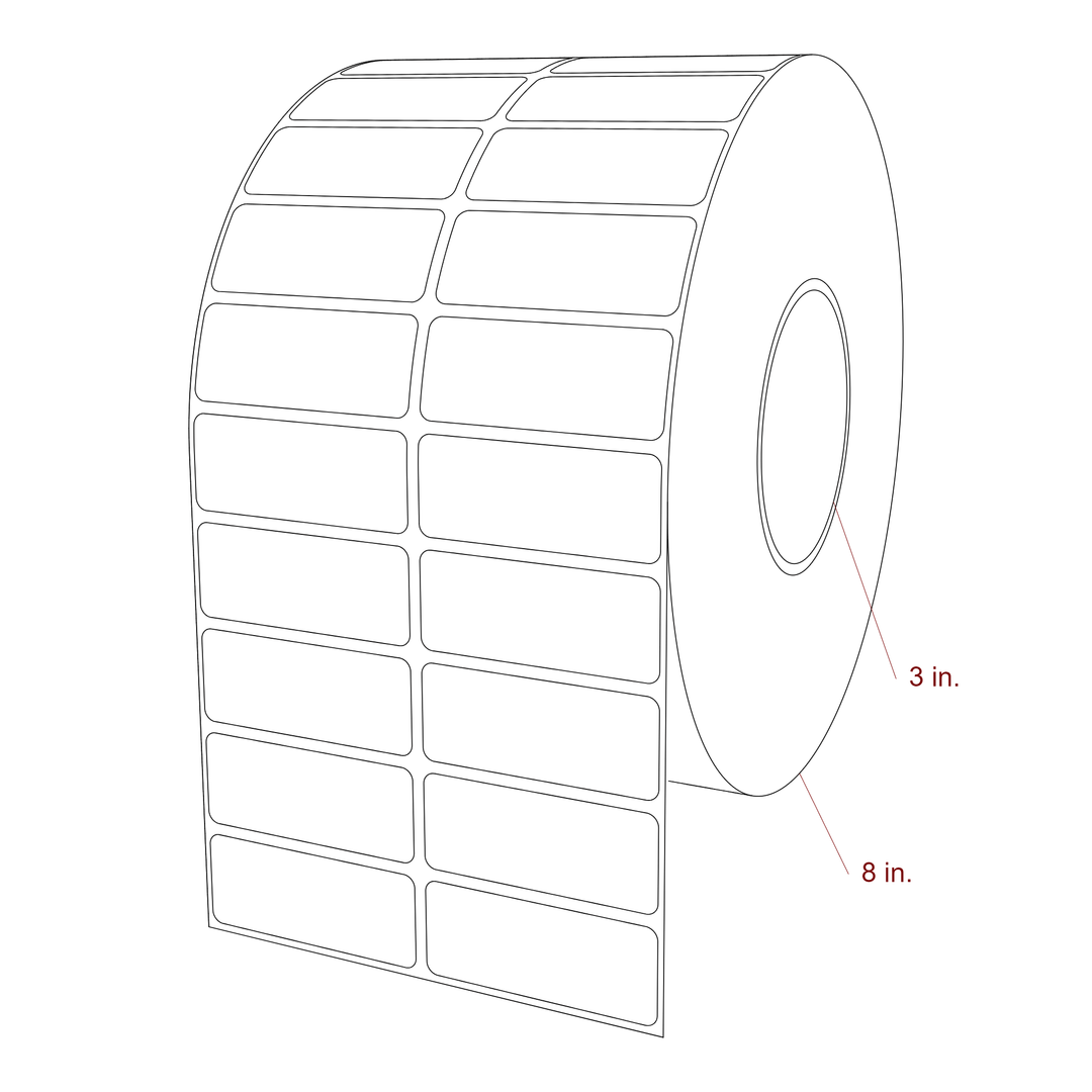 2.5 Inch x 1 Inch Rectangle Inkjet Label Roll - 3 Inch Core - 8 Inch Roll OD - 2Up - 3D Perspective