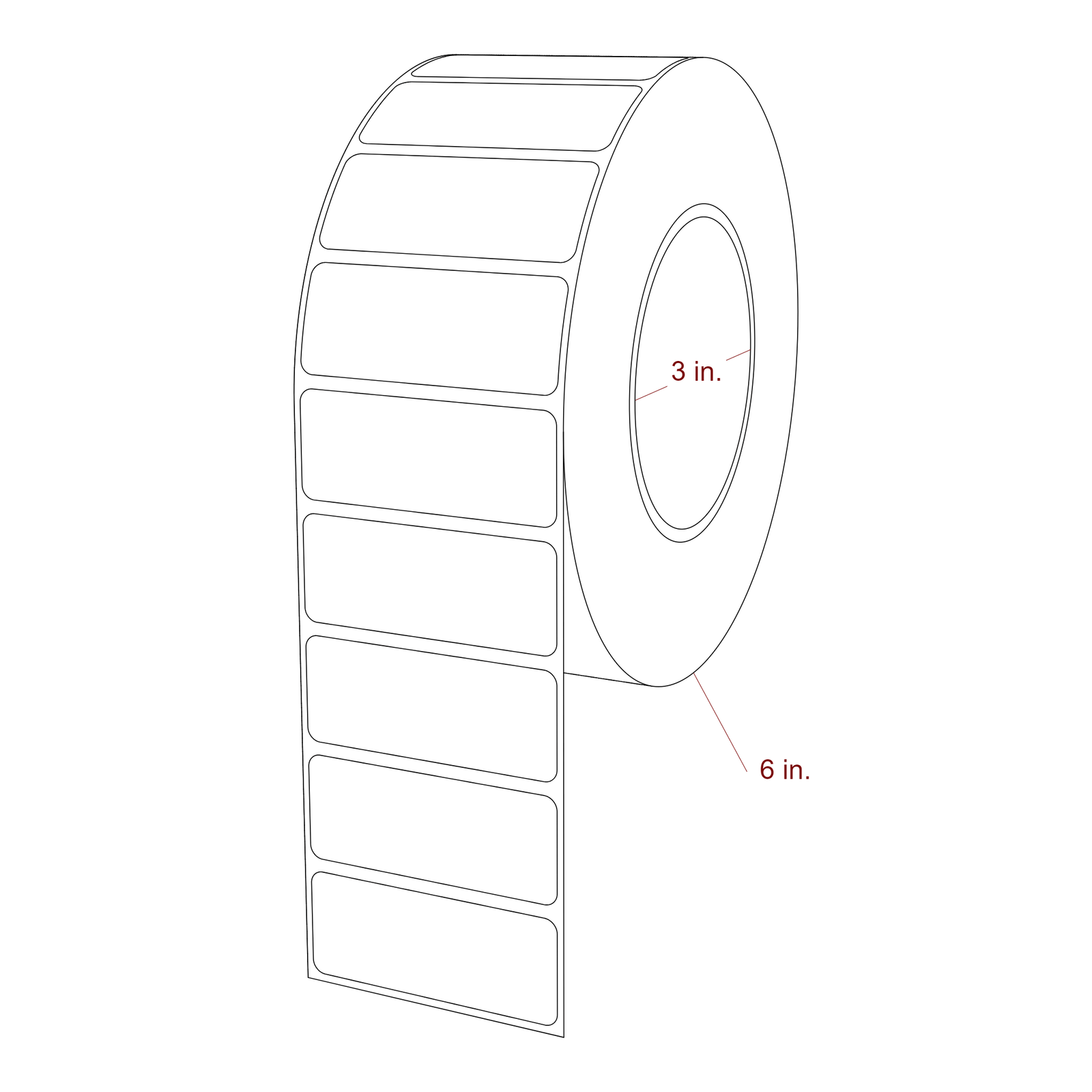 2.5 Inch x 1 Inch Rectangle Inkjet Label Roll - 3 Inch Core - 6 Inch Roll OD - 3D Perspective