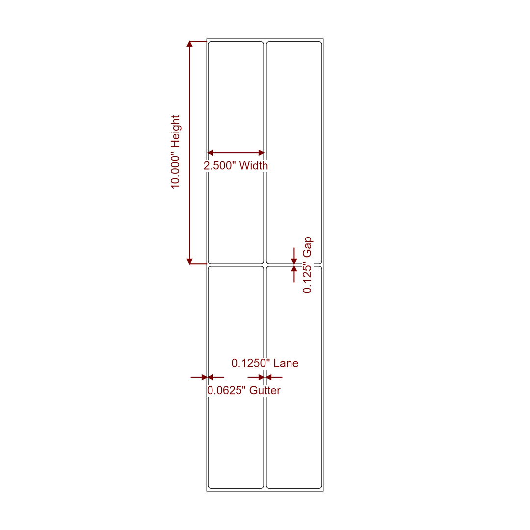 2.5 Inch x 10 Inch Rectangle Inkjet Label Roll - 2Up - 2D Drawing
