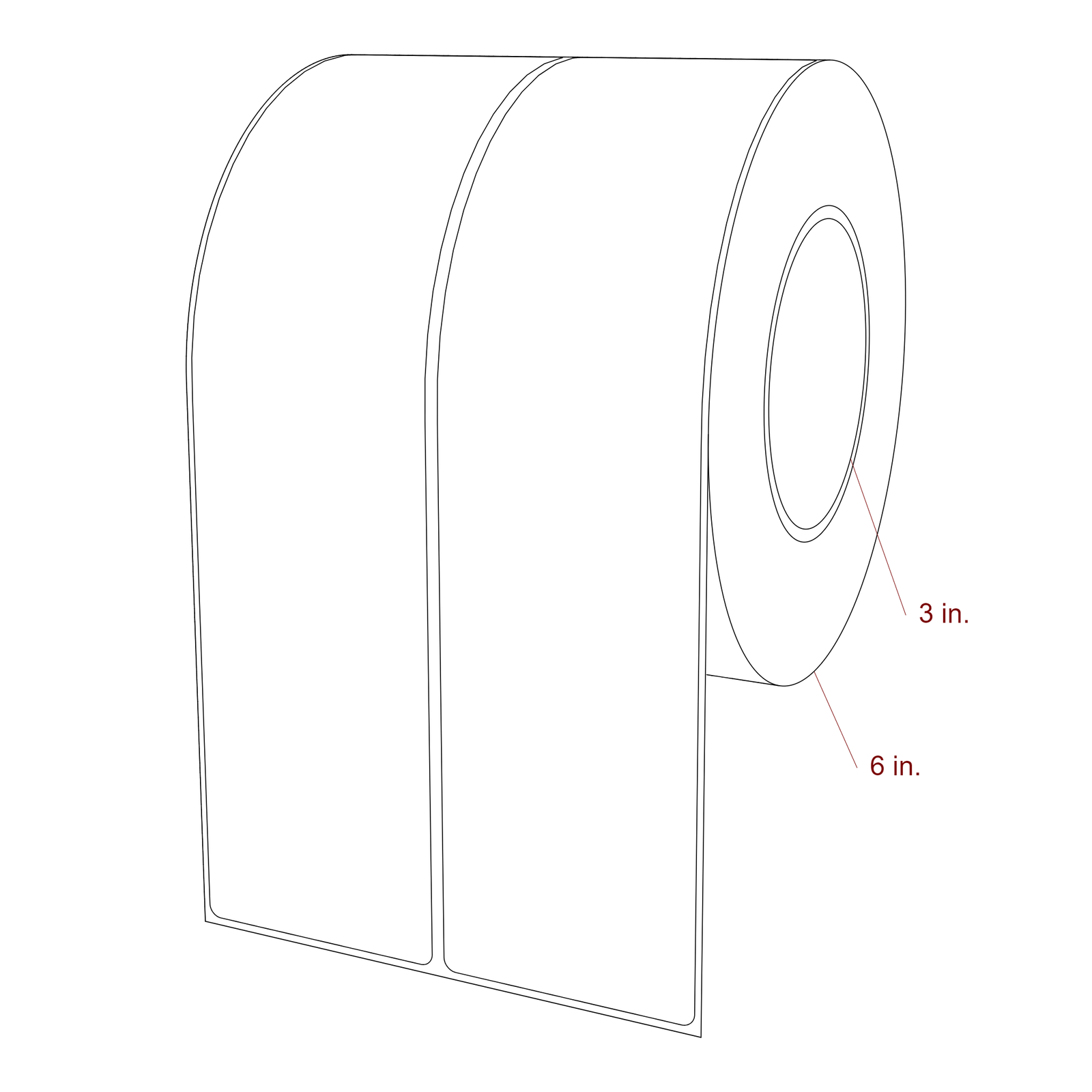 2.5 Inch x 10 Inch Rectangle Inkjet Label Roll - 3 Inch Core - 6 Inch Roll OD - 2Up - 3D Perspective