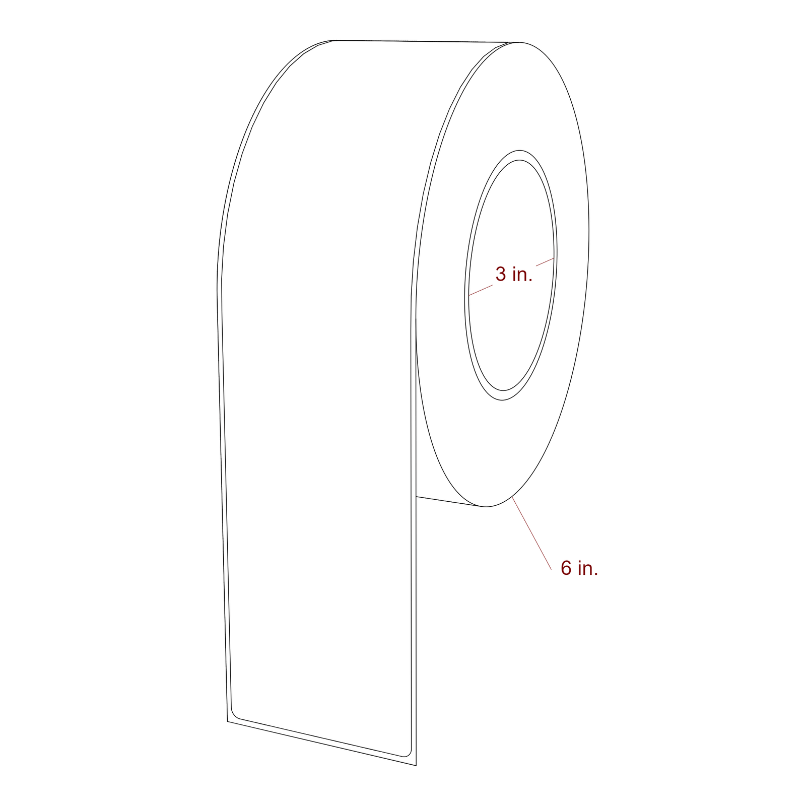 2.5 Inch x 10 Inch Rectangle Inkjet Label Roll - 3 Inch Core - 6 Inch Roll OD - 3D Perspective