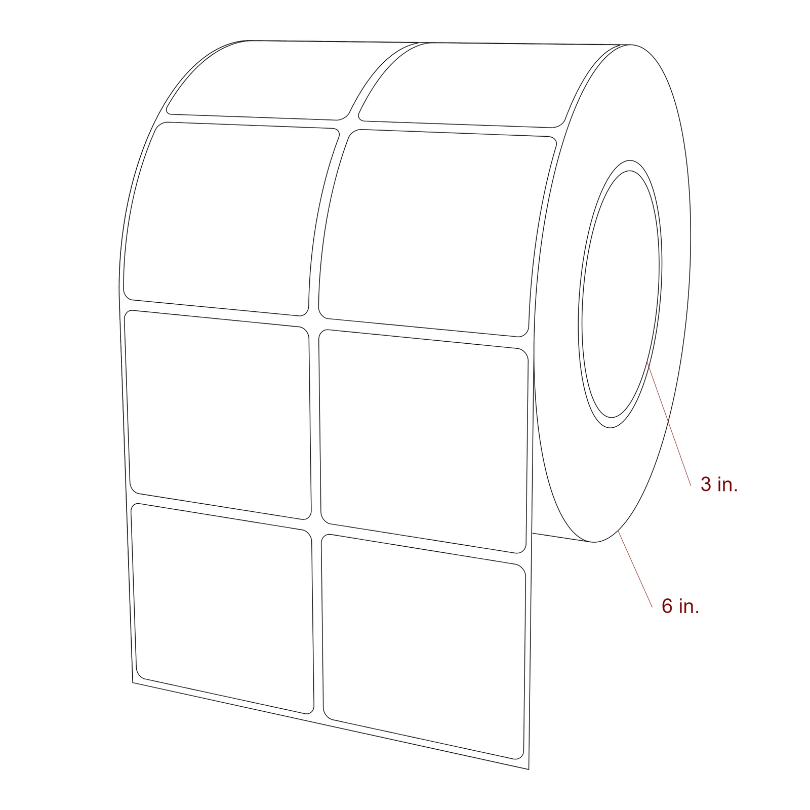 2.5 Inch x 2.25 Inch Rectangle Inkjet Label Roll - 3 Inch Core - 6 Inch Roll OD - 2Up - 3D Perspective