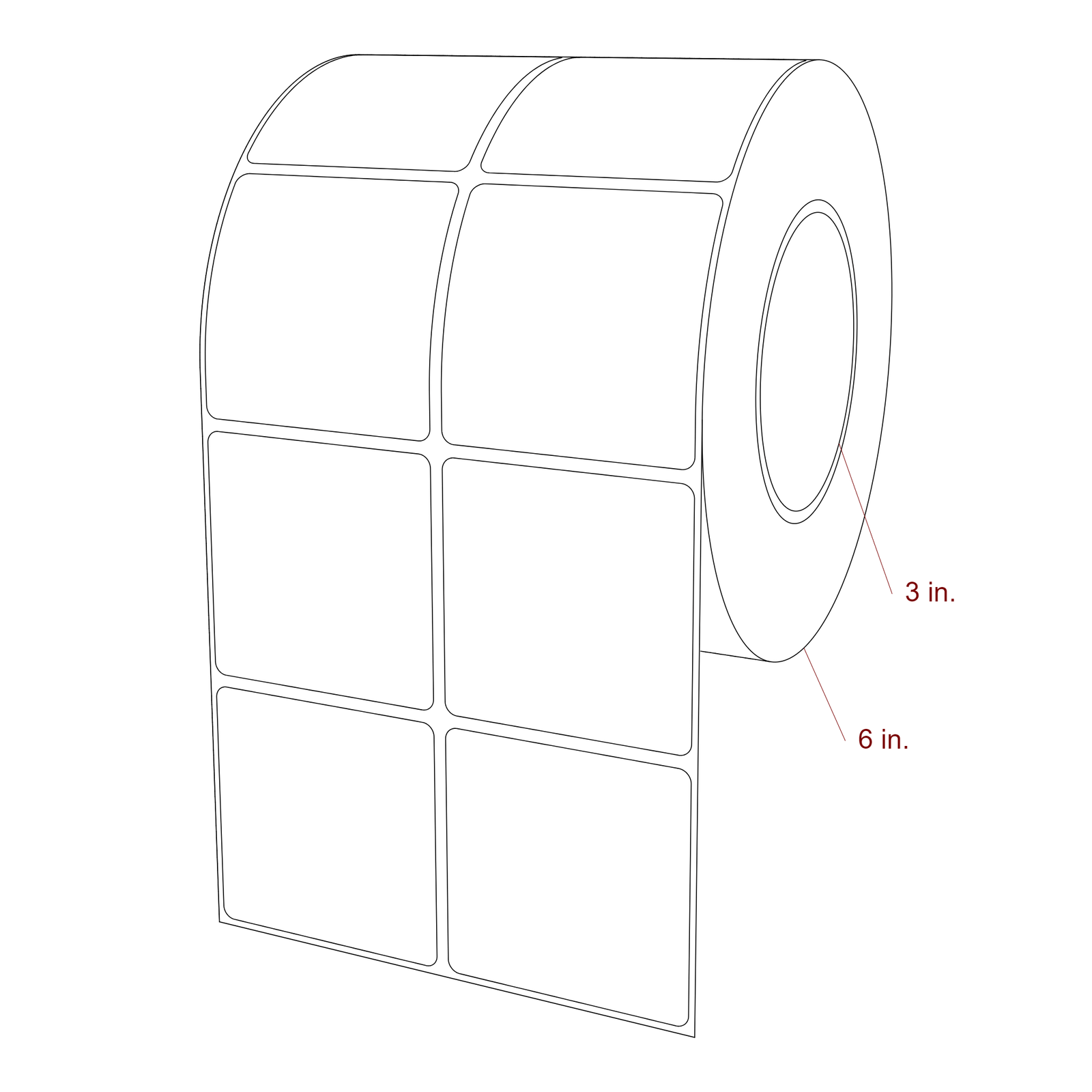 2.5 Inch x 2.5 Inch Rectangle Inkjet Label Roll - 3 Inch Core - 6 Inch Roll OD - 2Up - 3D Perspective