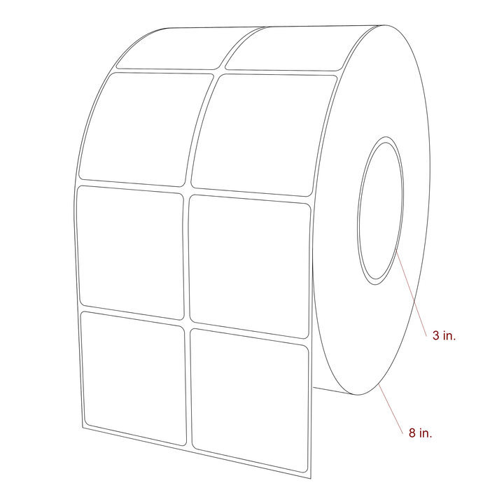 2.5 Inch x 2.5 Inch Rectangle Inkjet Label Roll - 3 Inch Core - 8 Inch Roll OD - 2Up - 3D Perspective
