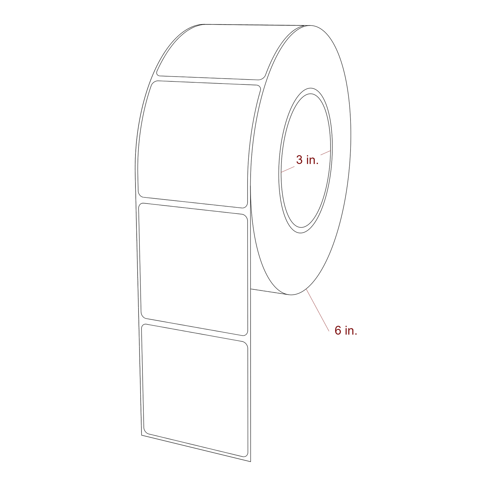 2.5 Inch x 2.5 Inch Rectangle Inkjet Label Roll - 3 Inch Core - 6 Inch Roll OD - 3D Perspective