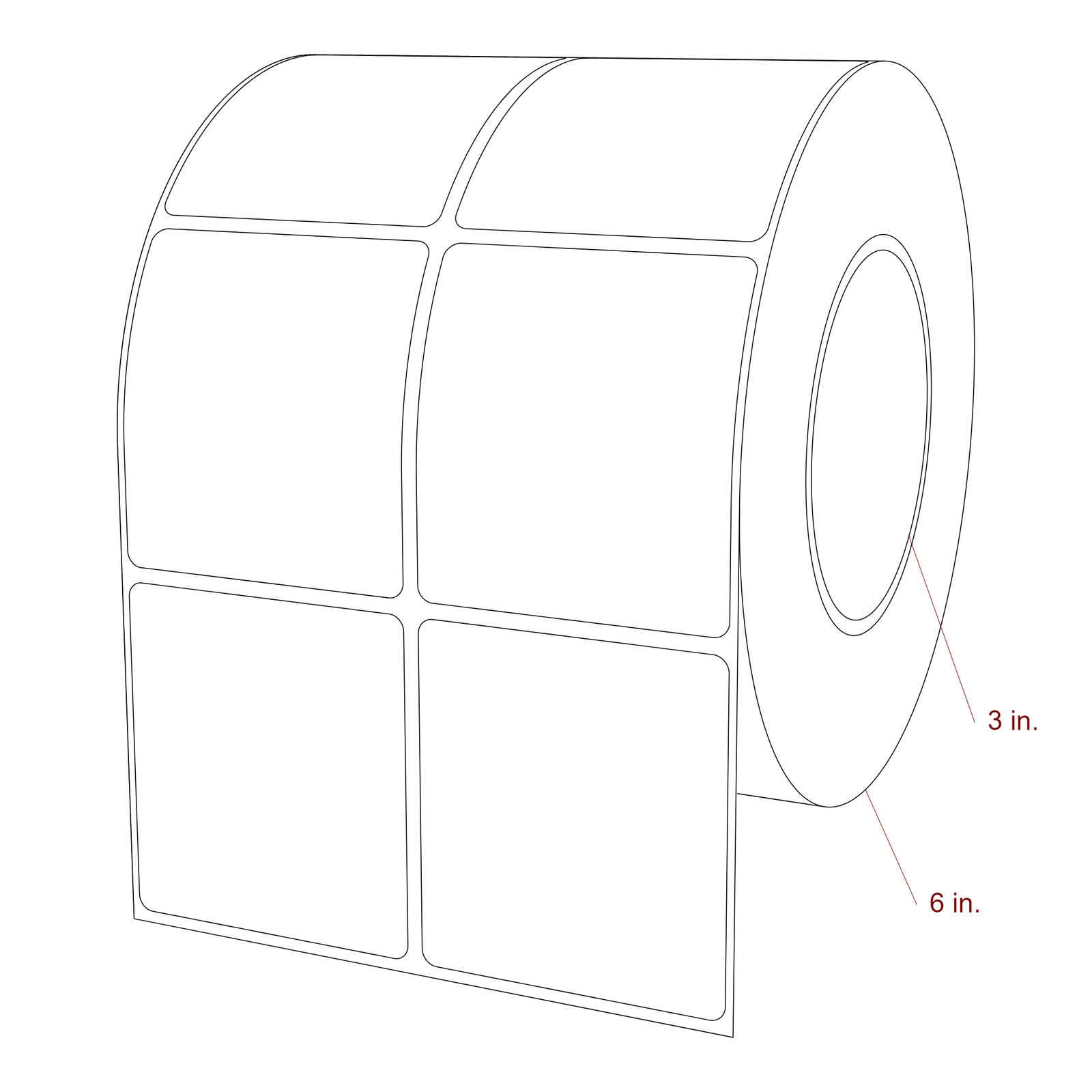 2.5 Inch x 2.75 Inch Rectangle Inkjet Label Roll - 3 Inch Core - 6 Inch Roll OD - 2Up - 3D Perspective