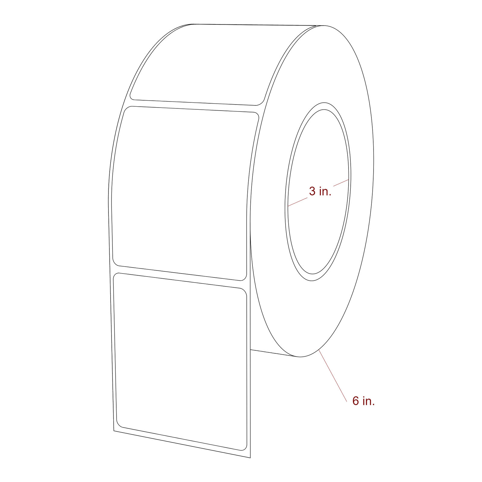 2.5 Inch x 2.75 Inch Rectangle Inkjet Label Roll - 3 Inch Core - 6 Inch Roll OD - 3D Perspective