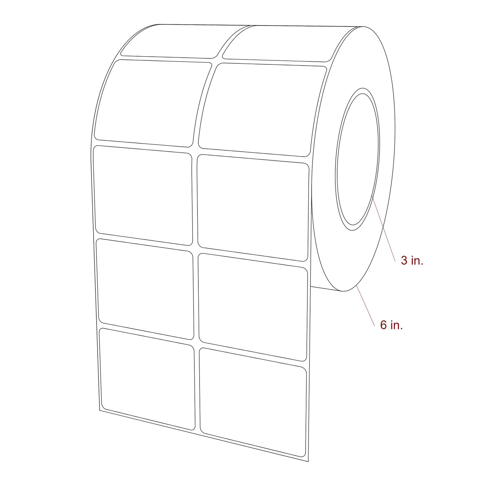 2.5 Inch x 2 Inch Rectangle Inkjet Label Roll - 3 Inch Core - 6 Inch Roll OD - 2Up - 3D Perspective