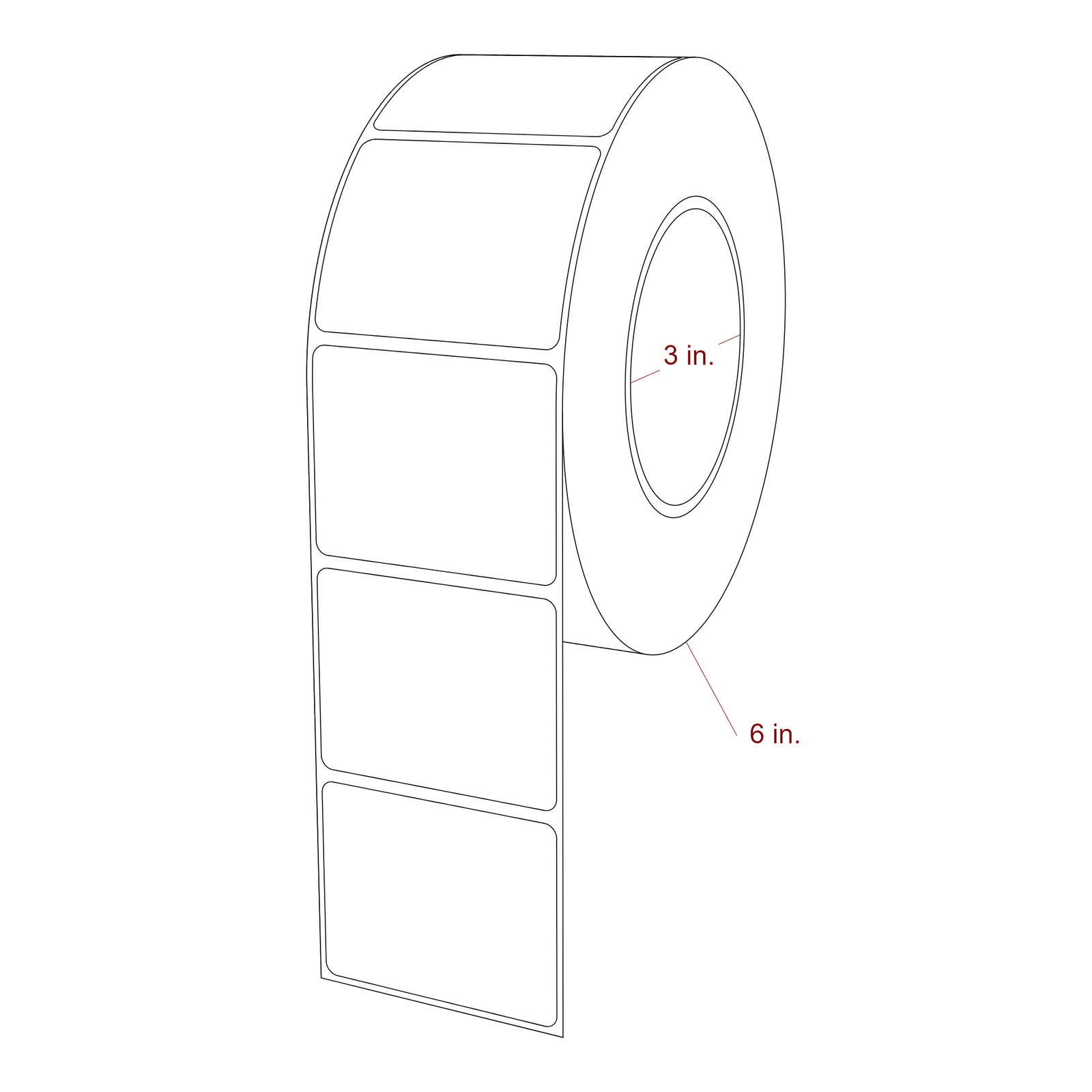 2.5 Inch x 2 Inch Rectangle Inkjet Label Roll - 3 Inch Core - 6 Inch Roll OD - 3D Perspective