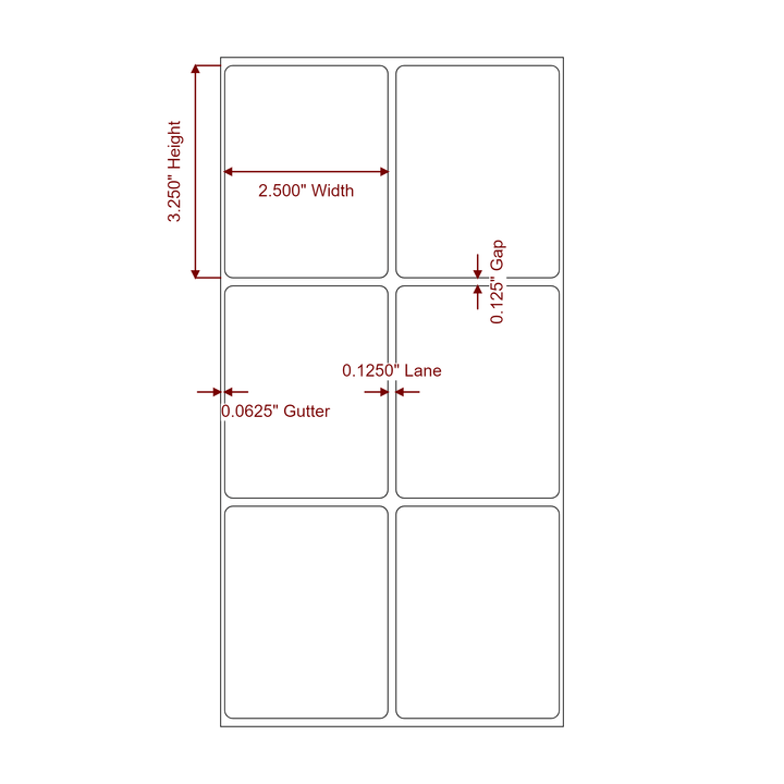 2.5 Inch x 3.25 Inch Rectangle Inkjet Label Roll - 2Up - 2D Drawing