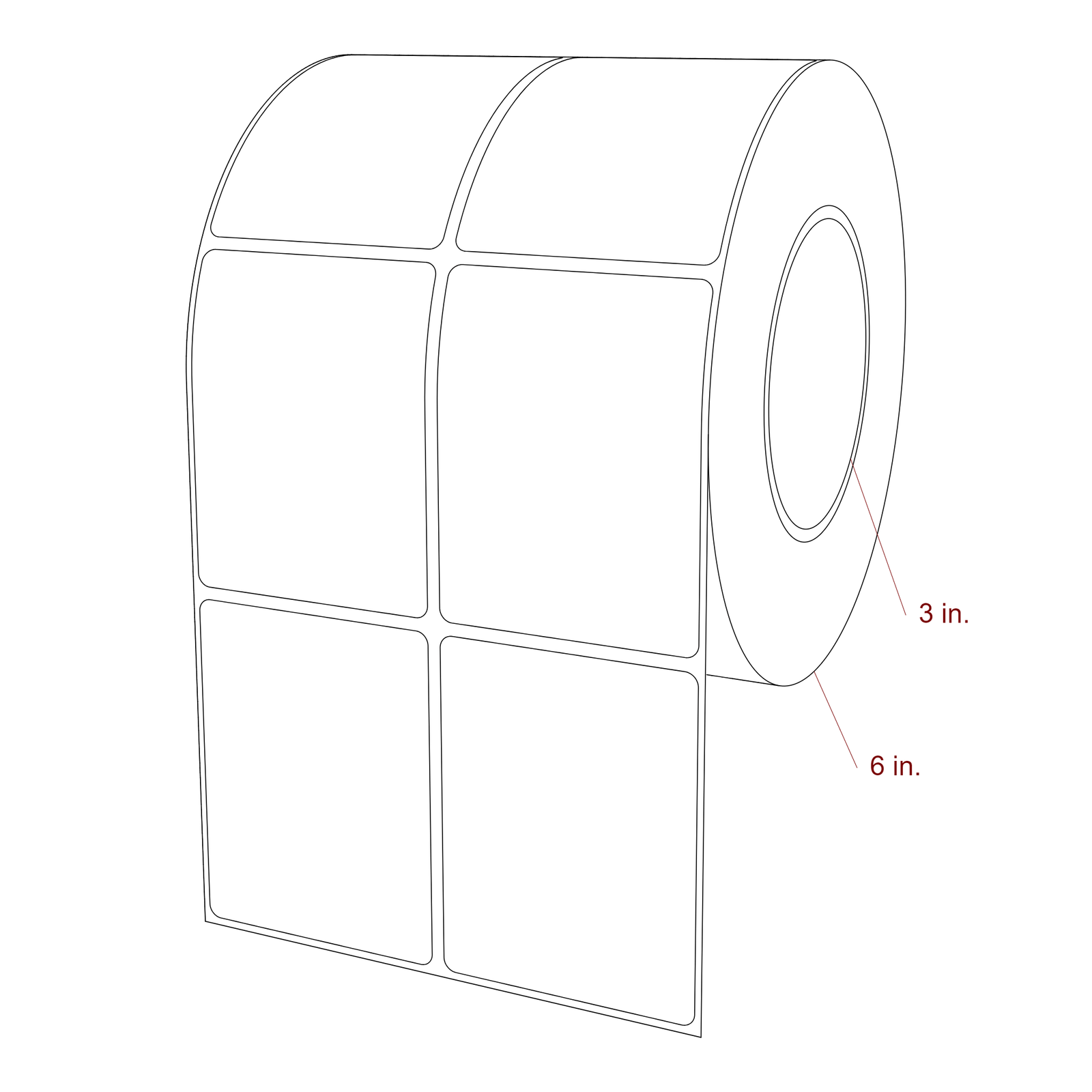 2.5 Inch x 3.25 Inch Rectangle Inkjet Label Roll - 3 Inch Core - 6 Inch Roll OD - 2Up - 3D Perspective