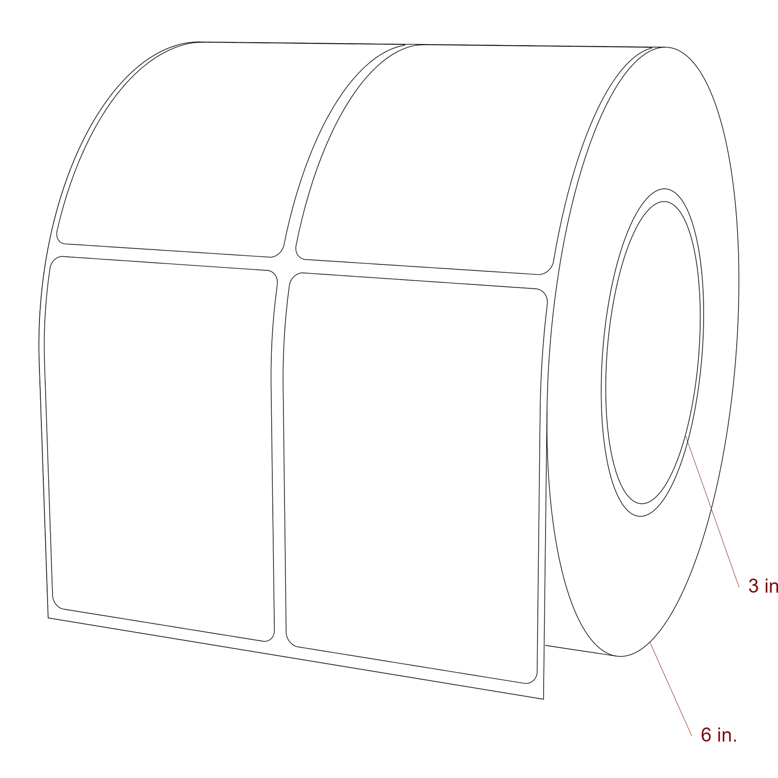 2.5 Inch x 3.5 Inch Rectangle Inkjet Label Roll - 3 Inch Core - 6 Inch Roll OD - 2Up - 3D Perspective