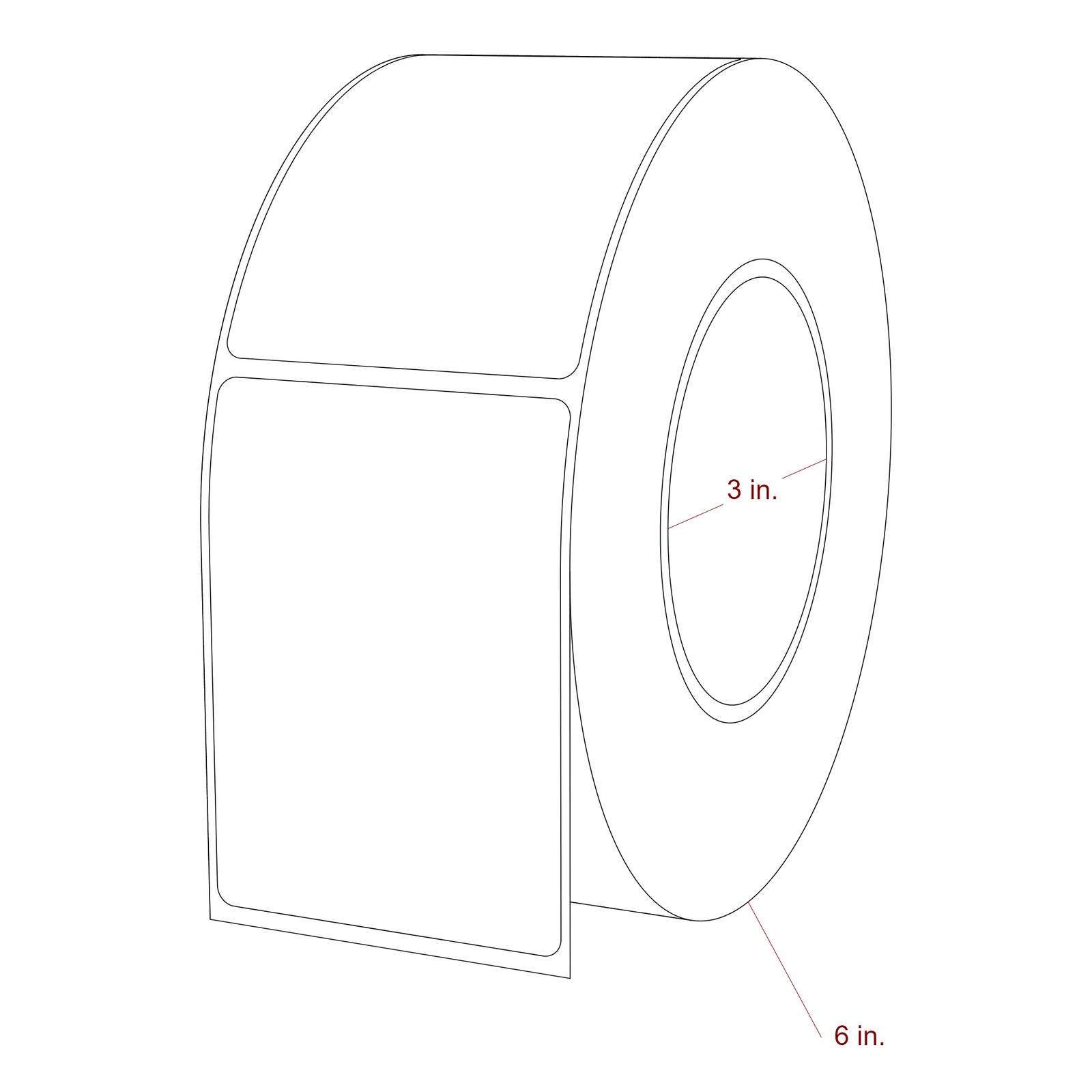 2.5 Inch x 3.5 Inch Rectangle Inkjet Label Roll - 3 Inch Core - 6 Inch Roll OD - 3D Perspective