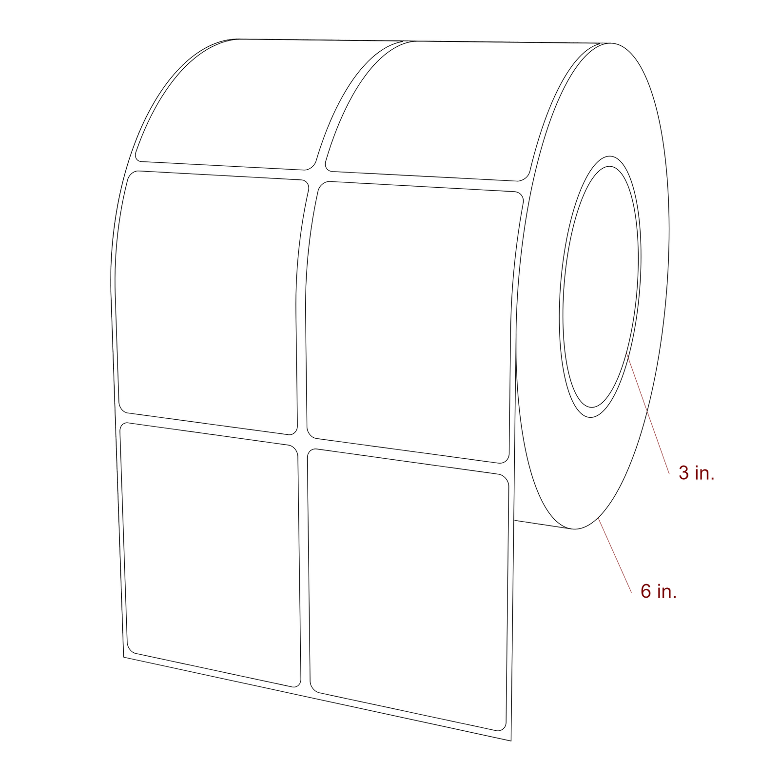 2.5 Inch x 3 Inch Rectangle Inkjet Label Roll - 3 Inch Core - 6 Inch Roll OD - 2Up - 3D Perspective