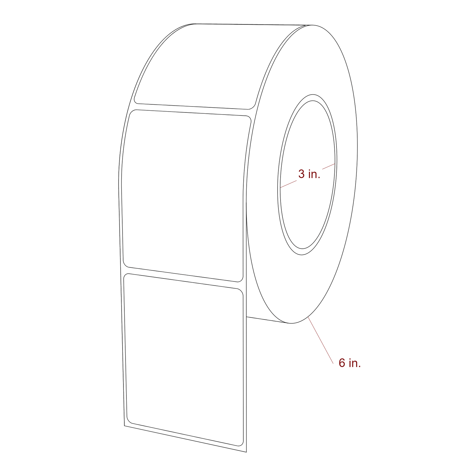 2.5 Inch x 3 Inch Rectangle Inkjet Label Roll - 3 Inch Core - 6 Inch Roll OD - 3D Perspective