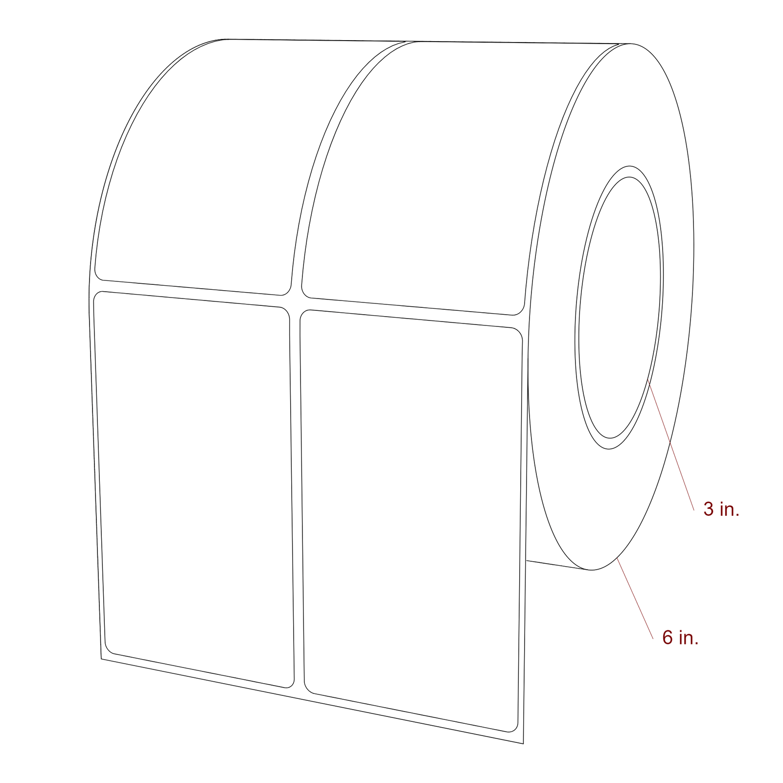2.5 Inch x 4.25 Inch Rectangle Inkjet Label Roll - 3 Inch Core - 6 Inch Roll OD - 2Up - 3D Perspective