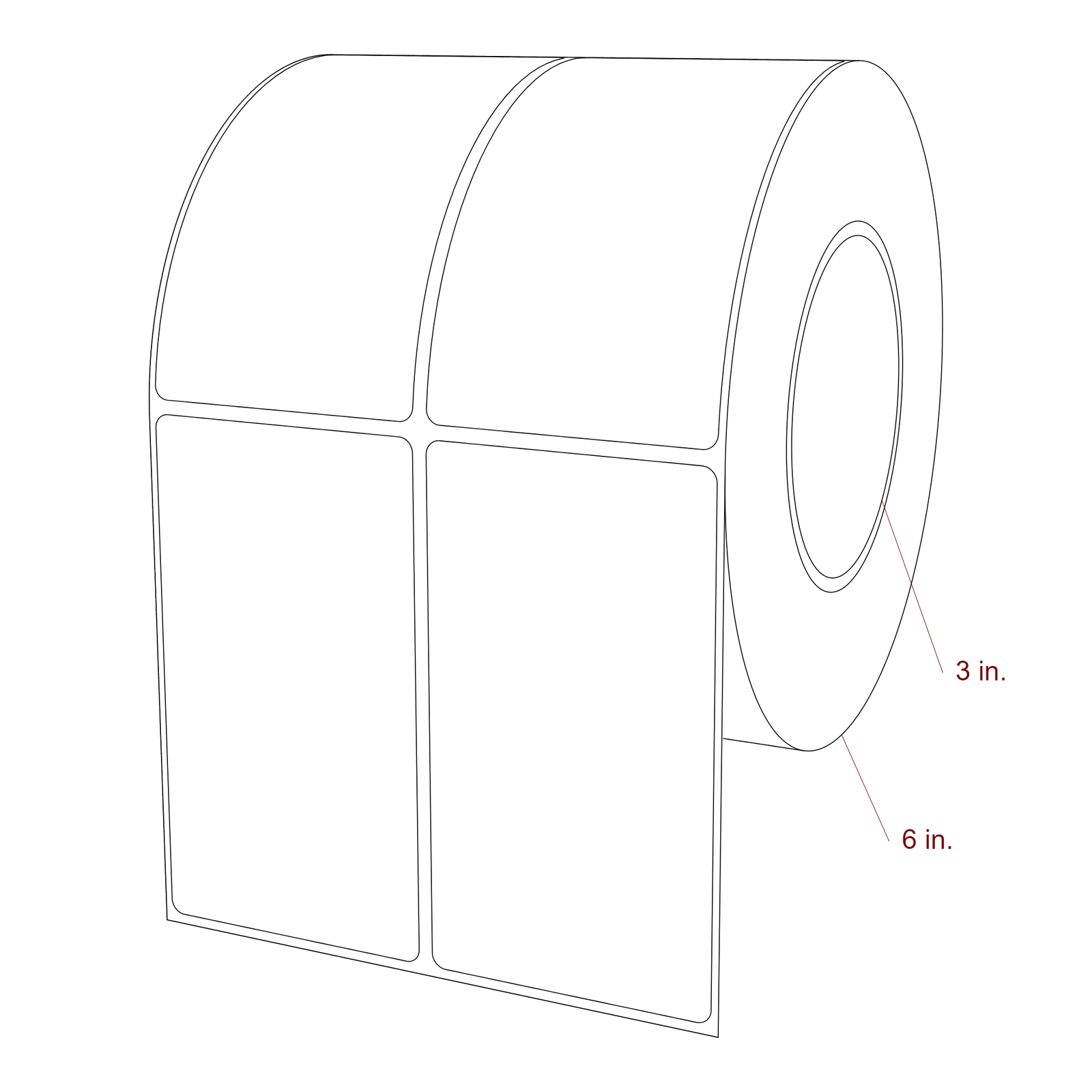 2.5 Inch x 4.5 Inch Rectangle Inkjet Label Roll - 3 Inch Core - 6 Inch Roll OD - 2Up - 3D Perspective