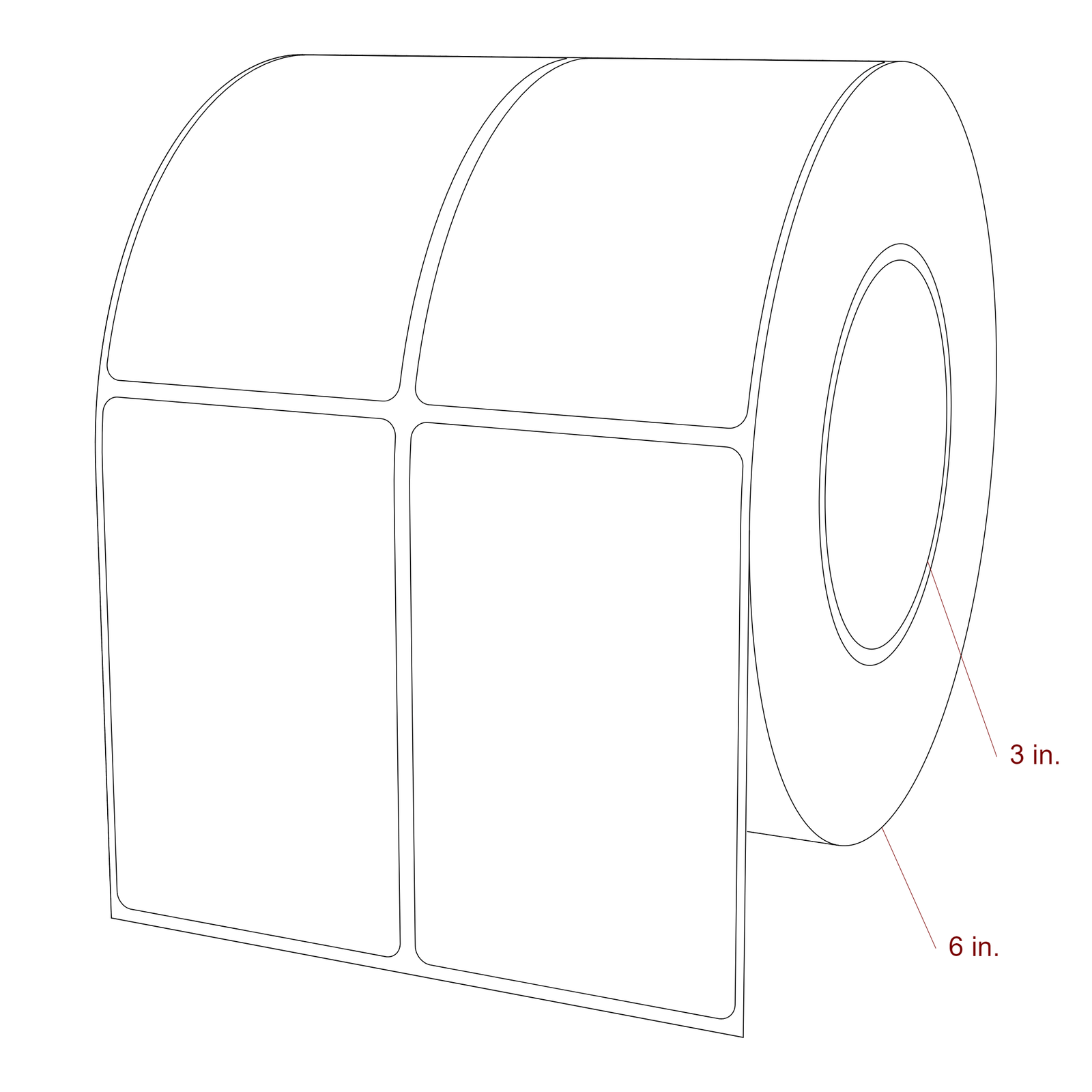2.5 Inch x 4 Inch Rectangle Inkjet Label Roll - 3 Inch Core - 6 Inch Roll OD - 2Up - 3D Perspective