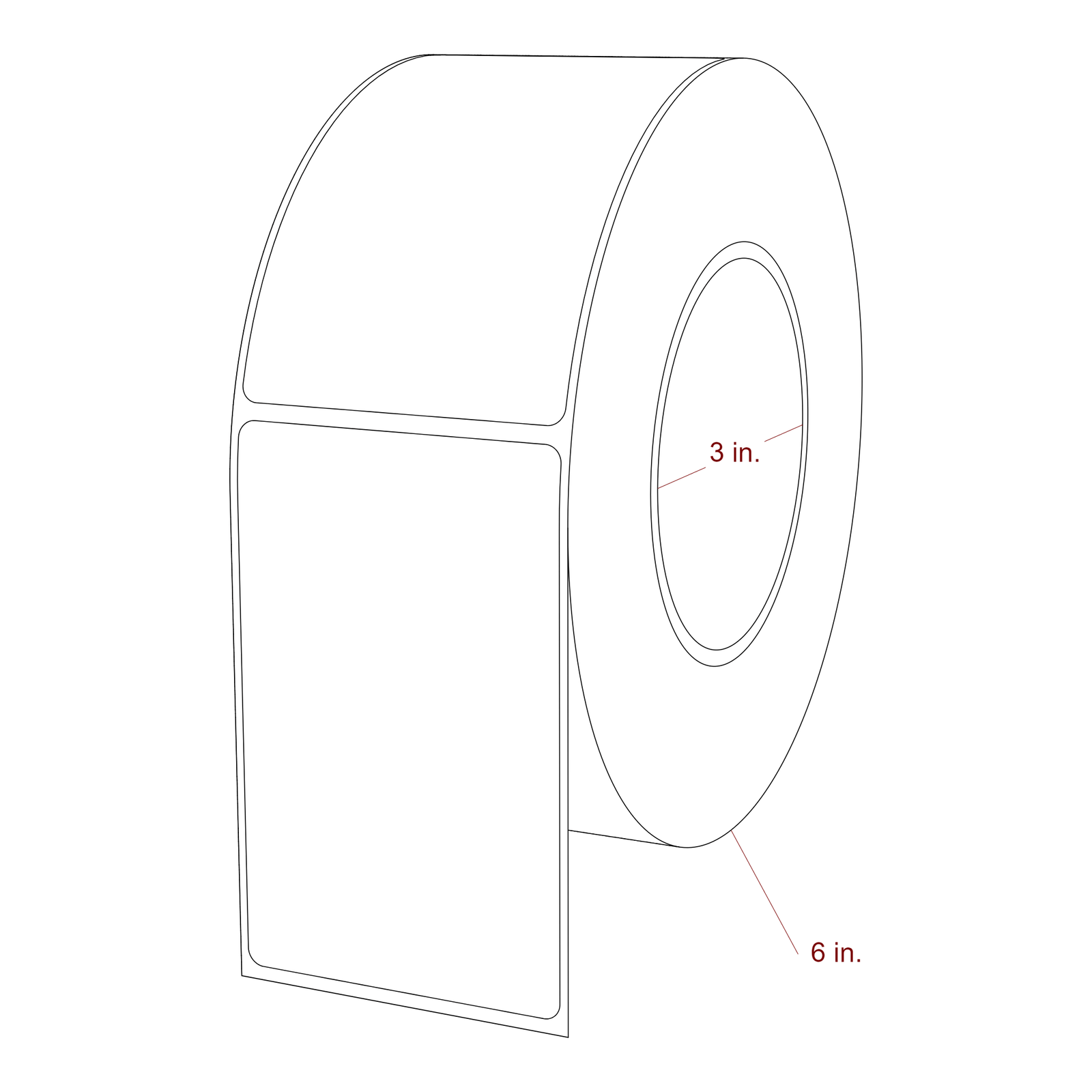 2.5 Inch x 4 Inch Rectangle Inkjet Label Roll - 3 Inch Core - 6 Inch Roll OD - 3D Perspective