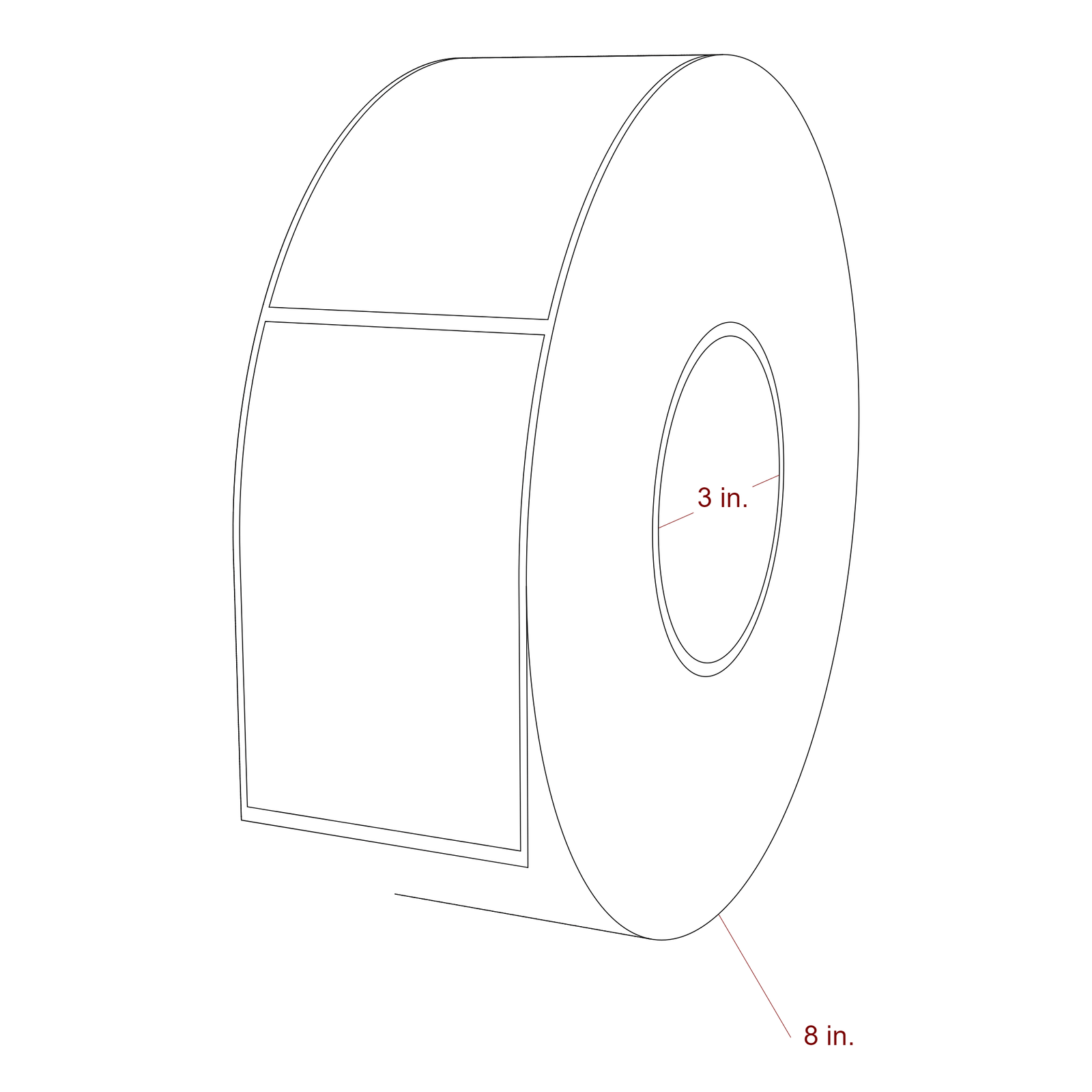 2.5 Inch x 4 Inch Rectangle Inkjet Label Roll - 3 Inch Core - 8 Inch Roll OD - 3D Perspective