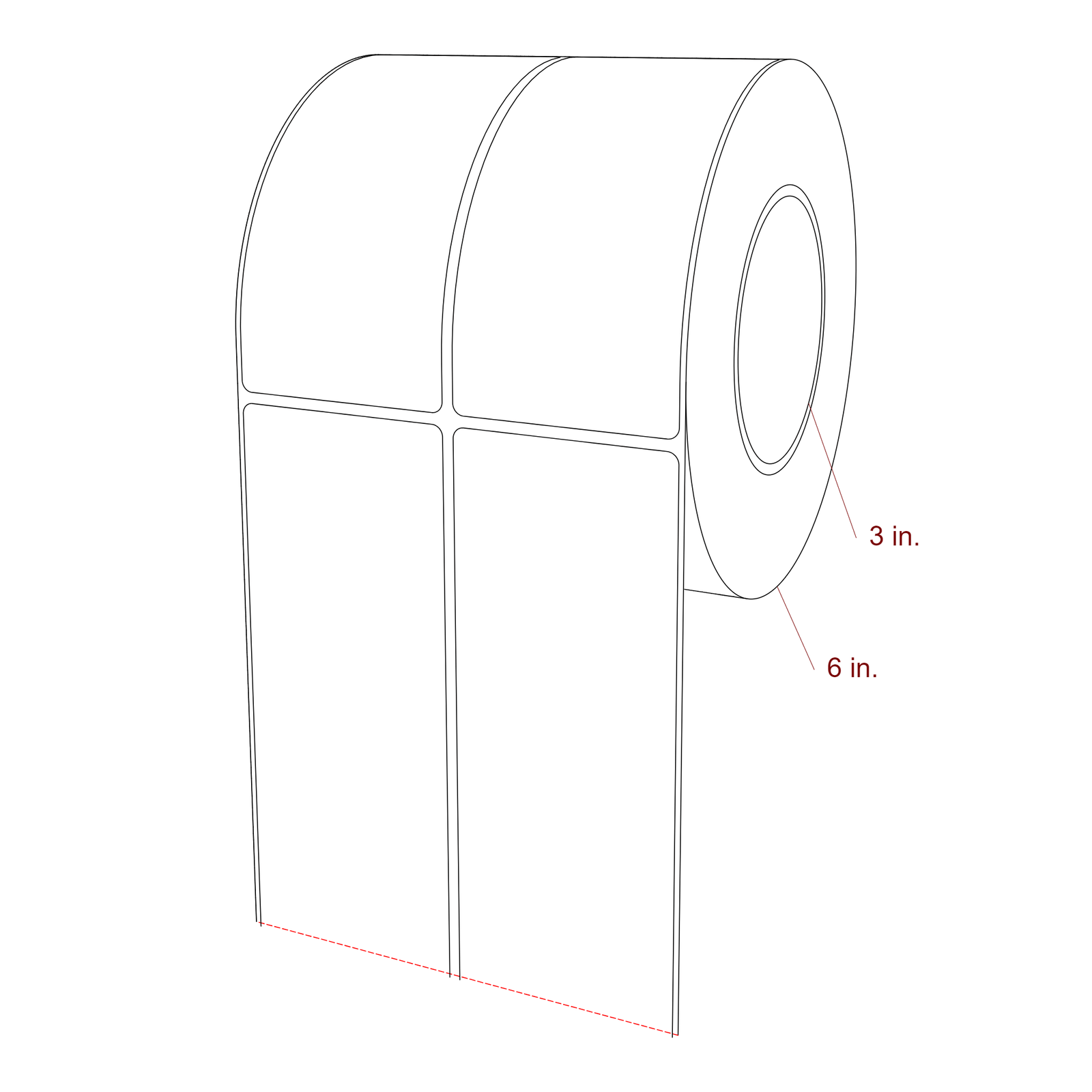 2.5 Inch x 5.25 Inch Rectangle Inkjet Label Roll - 3 Inch Core - 6 Inch Roll OD - 2Up - 3D Perspective