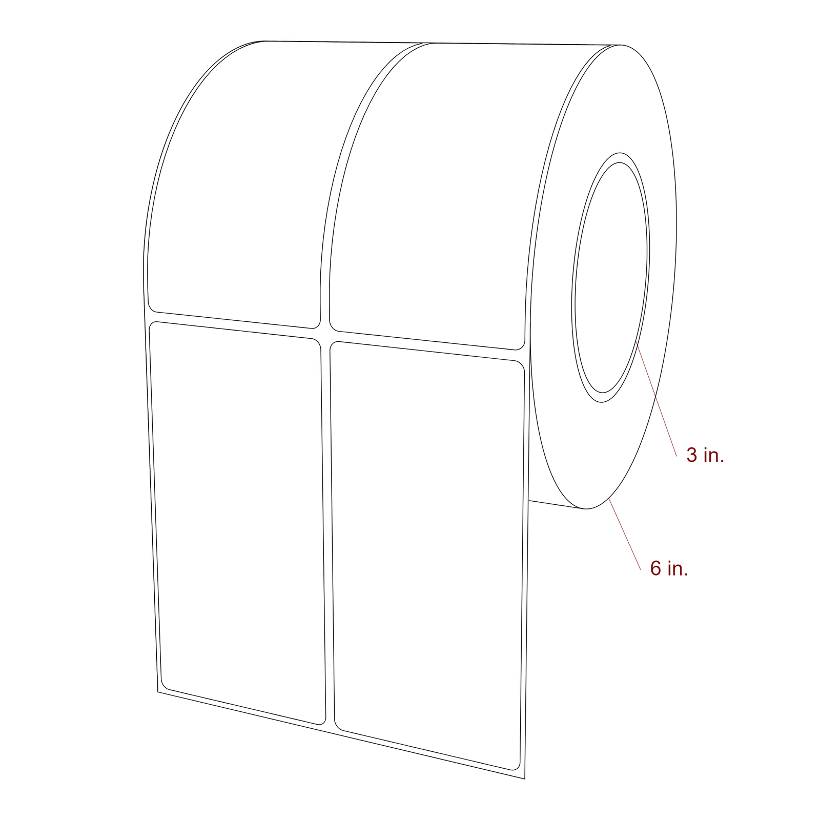 2.5 Inch x 5 Inch Rectangle Inkjet Label Roll - 3 Inch Core - 6 Inch Roll OD - 2Up - 3D Perspective