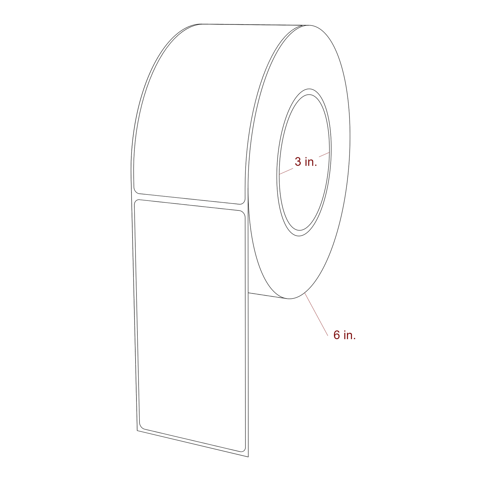 2.5 Inch x 5 Inch Rectangle Inkjet Label Roll - 3 Inch Core - 6 Inch Roll OD - 3D Perspective