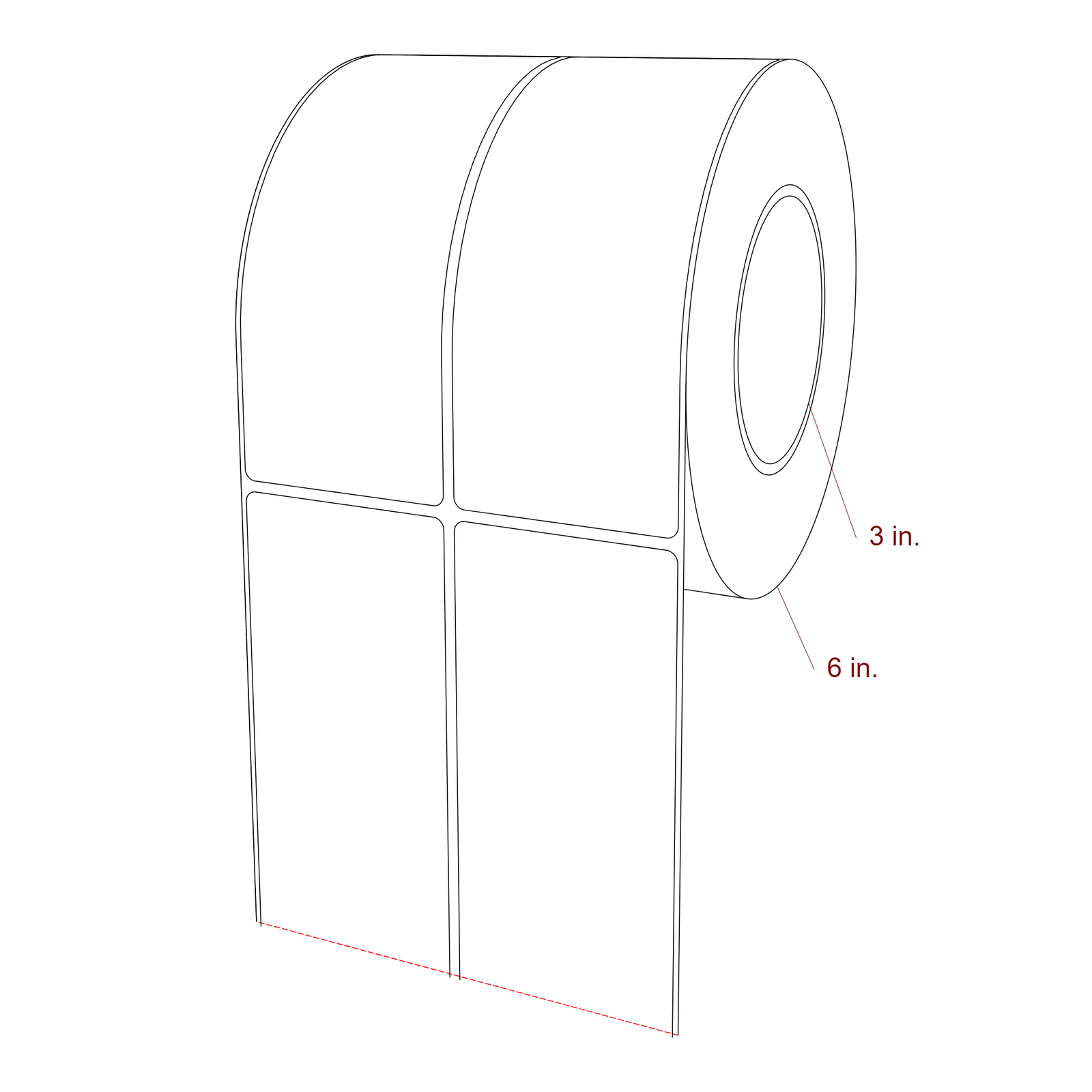 2.5 Inch x 6.25 Inch Rectangle Inkjet Label Roll - 3 Inch Core - 6 Inch Roll OD - 2Up - 3D Perspective