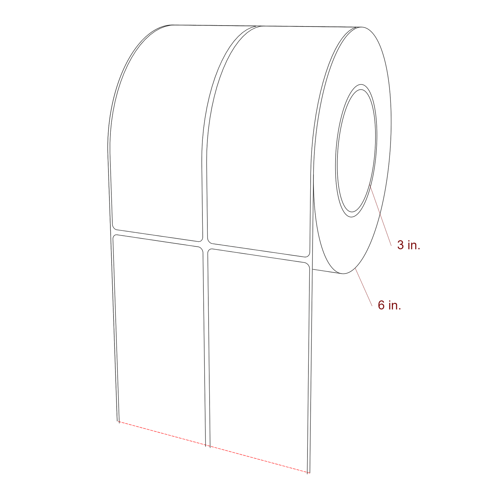 2.5 Inch x 6.5 Inch Rectangle Inkjet Label Roll - 3 Inch Core - 6 Inch Roll OD - 2Up - 3D Perspective